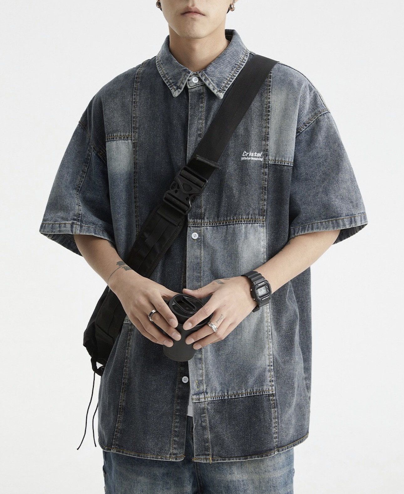 Japanese Brand × Vintage Retro y2k patchwork denim short sleeve shirt hip hop Size US L / EU 52-54 / 3 - 2 Thumbnail