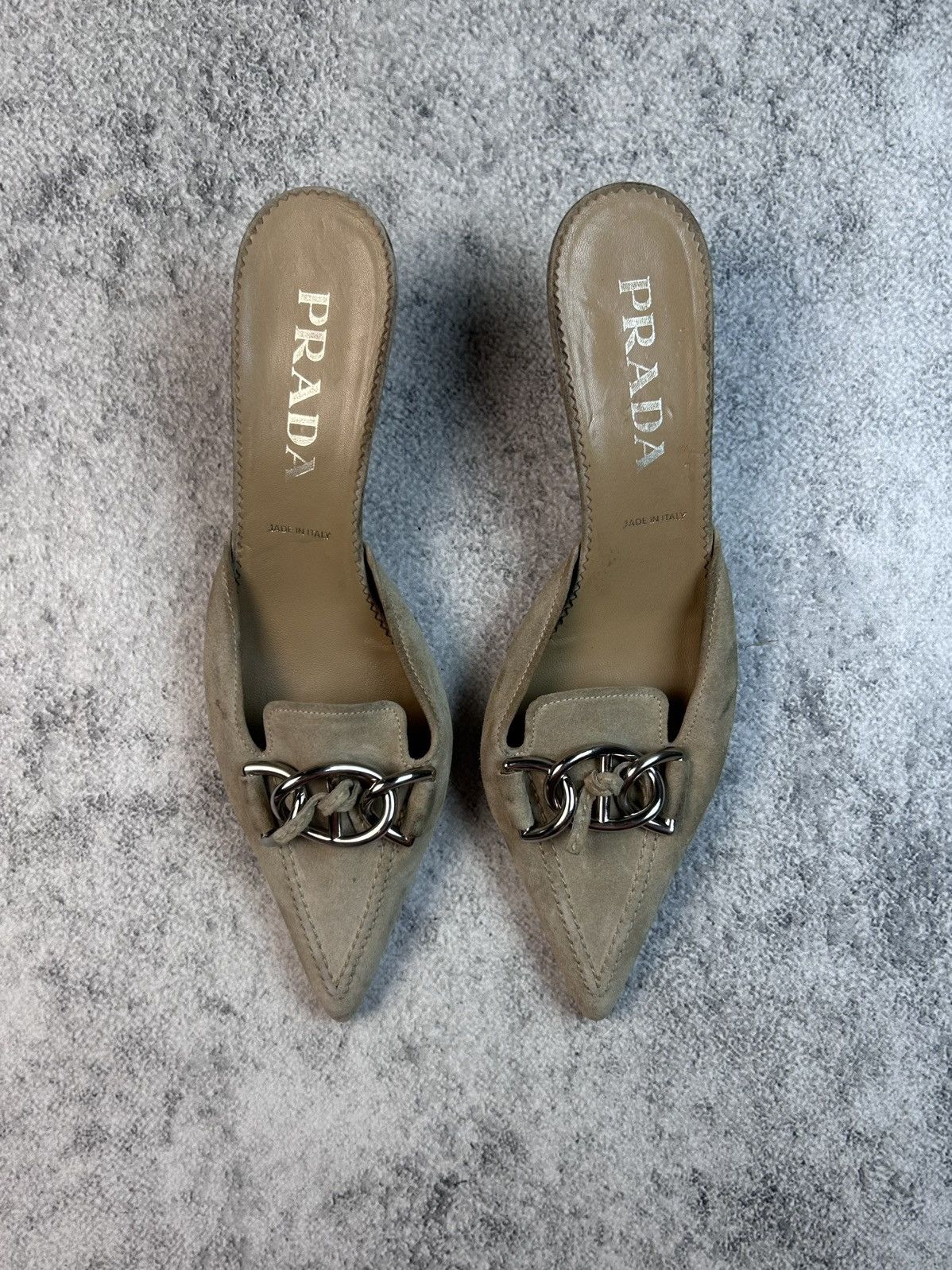 Prada Prada Vintage Tan Suede Chain Link Kitten Mule Heels Size US 7.5 / IT 37.5 - 6 Thumbnail