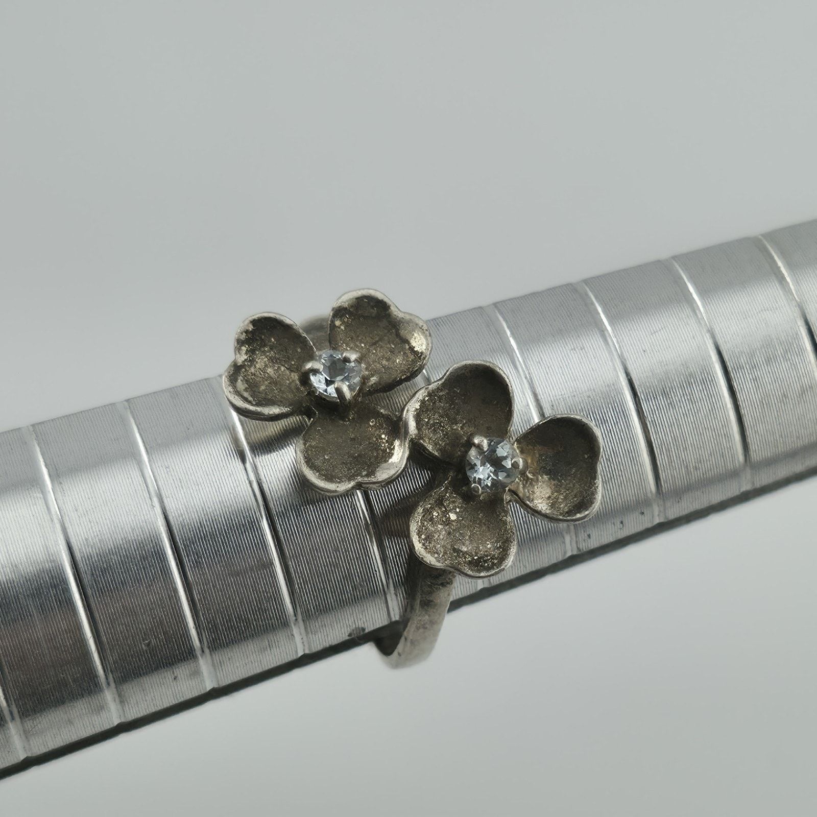Other Sterling Silver Flower Ring Clear Stone Double Blossom 5.5 Size ONE SIZE - 7 Thumbnail