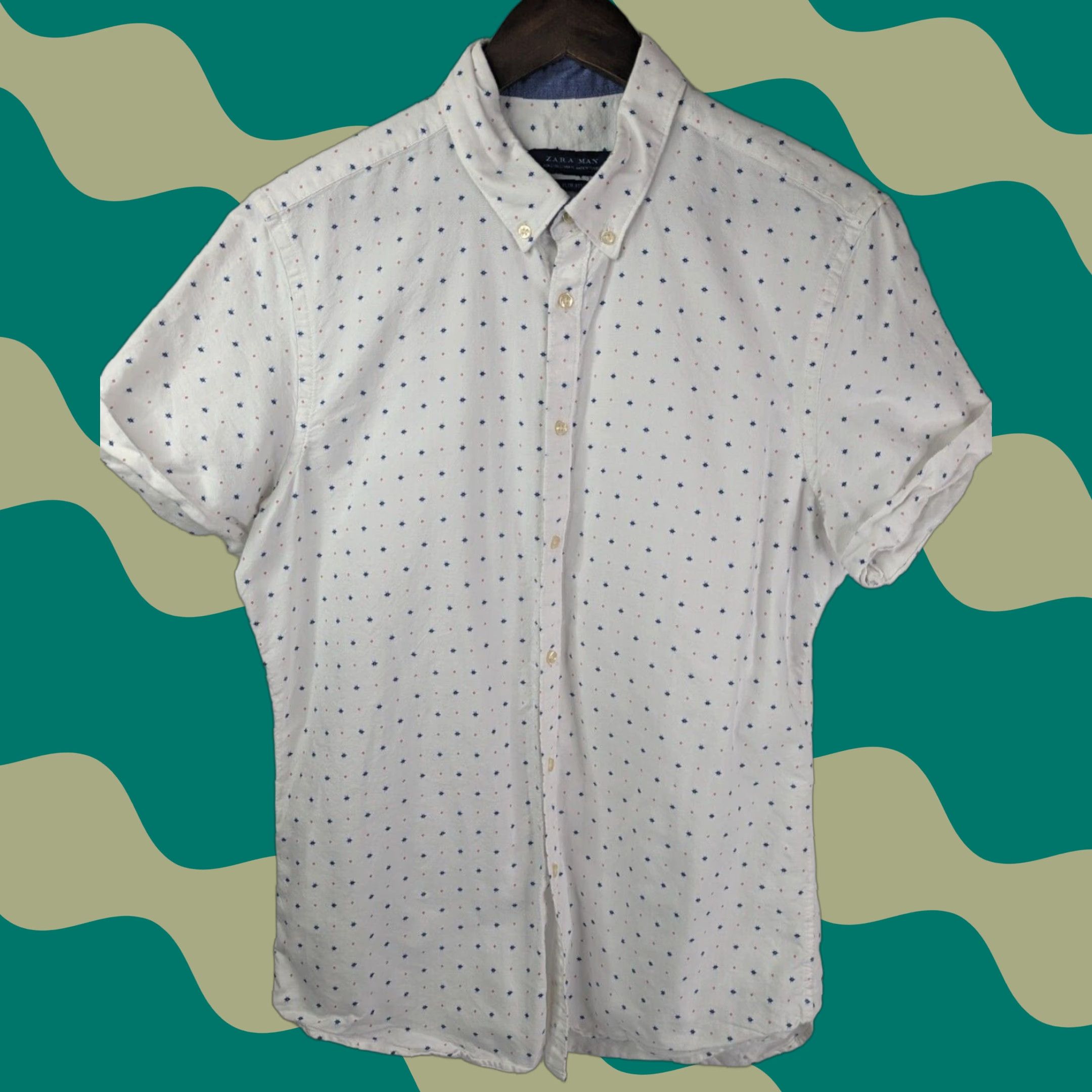 Zara ZARA Man Slim Fit Shirt Short Sleeve Button White Blue Red Dots Print Size US L / EU 52-54 / 3 - 1 Thumbnail