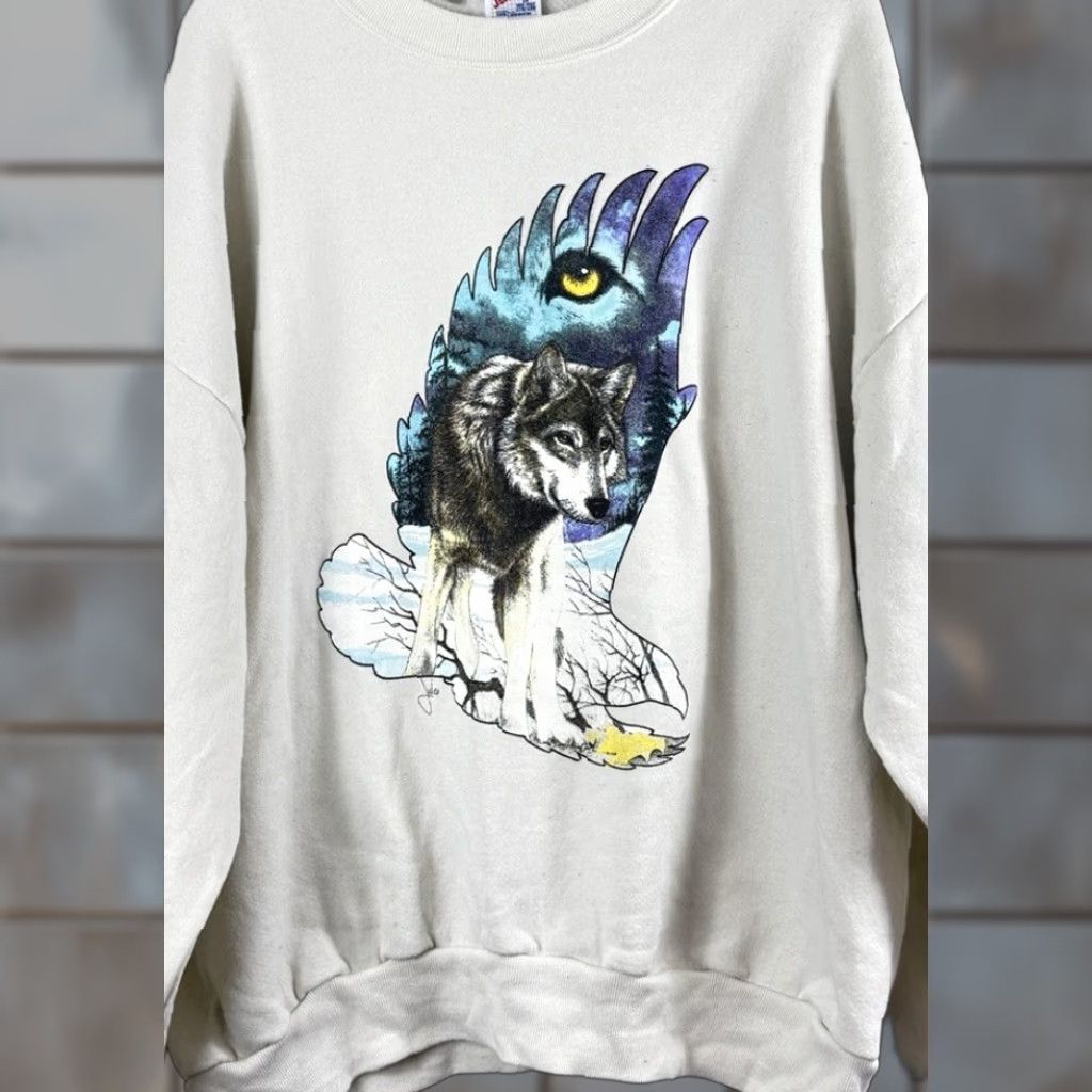 Jerzees Jerzees Vintage Wolf Eagle Graphic Print Pullover Sweatshirt Men’s 2XL White 90s Size US XXL / EU 58 / 5 - 1 Thumbnail