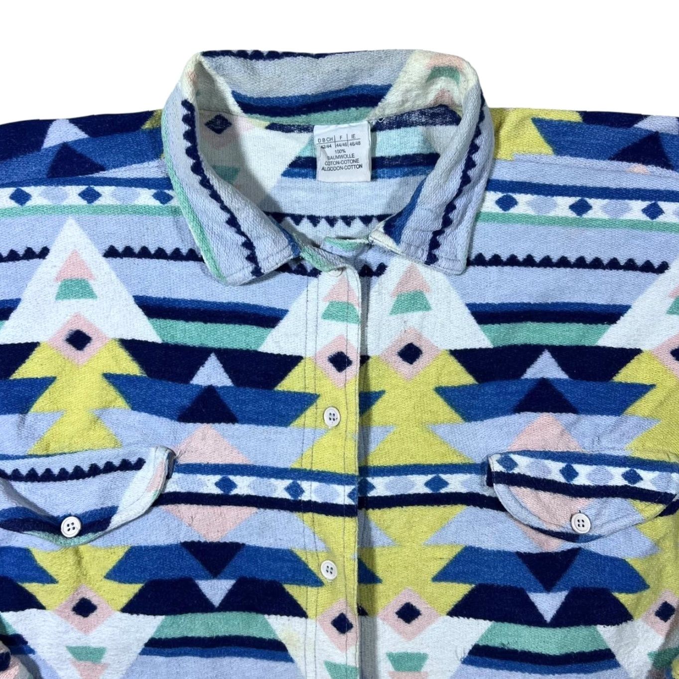 Vintage VINTAGE Crazy Aztec Patterned Towelling Effect Long Sleeve Flannel Shirt L Blue Mix/Yellow/White/Pale Pink Womens/Mens Size US L / EU 52-54 / 3 - 3 Thumbnail
