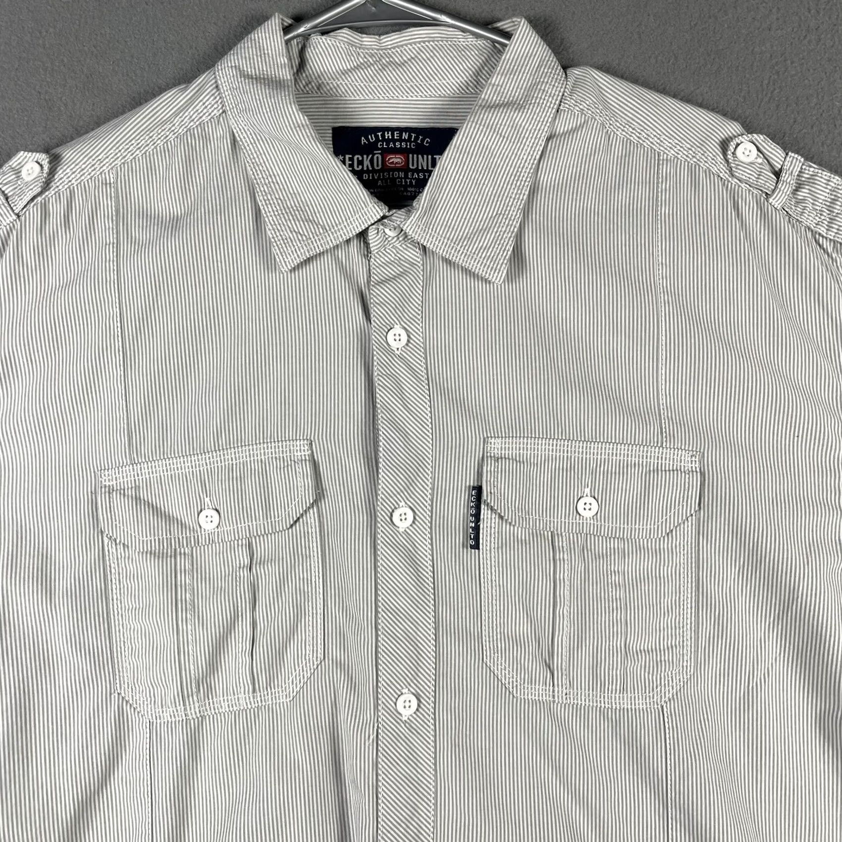 Ecko Unltd. Ecko Unltd Shirt Mens 2XL Gray White Striped Short Sleeve Casual Button Pockets Size US XXL / EU 58 / 5 - 2 Thumbnail