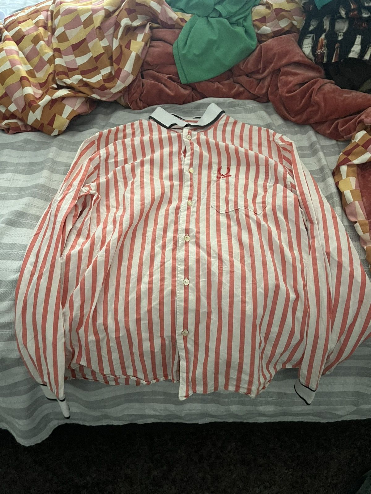 Fred Perry × Raf Simons Raf Simons x Fred Perry Pink and White Formal Striped Shirt Size US XS / EU 42 / 0 - 1 Thumbnail