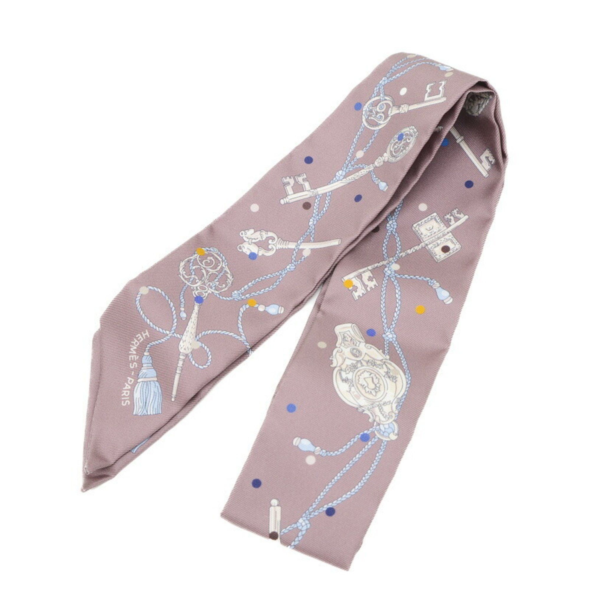 image of Hermes Twilly Muffler/scarf Les Cles A Pois Marron Glace Grease 100% Silk, Women's