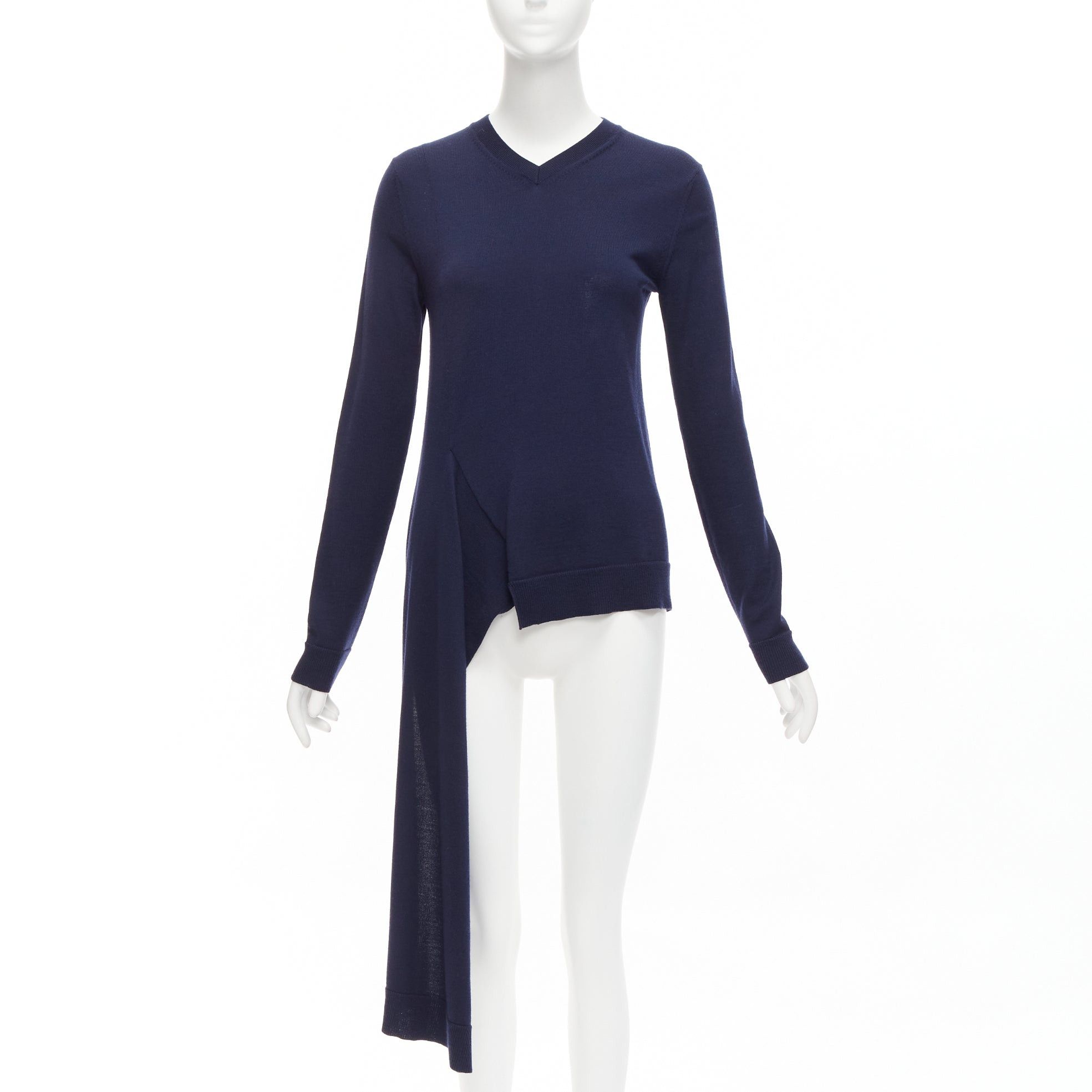 image of Ports 1961 Navy Wool V Neck Asymmetric Hem Drape Sweater Xs, Women's (Size Small)