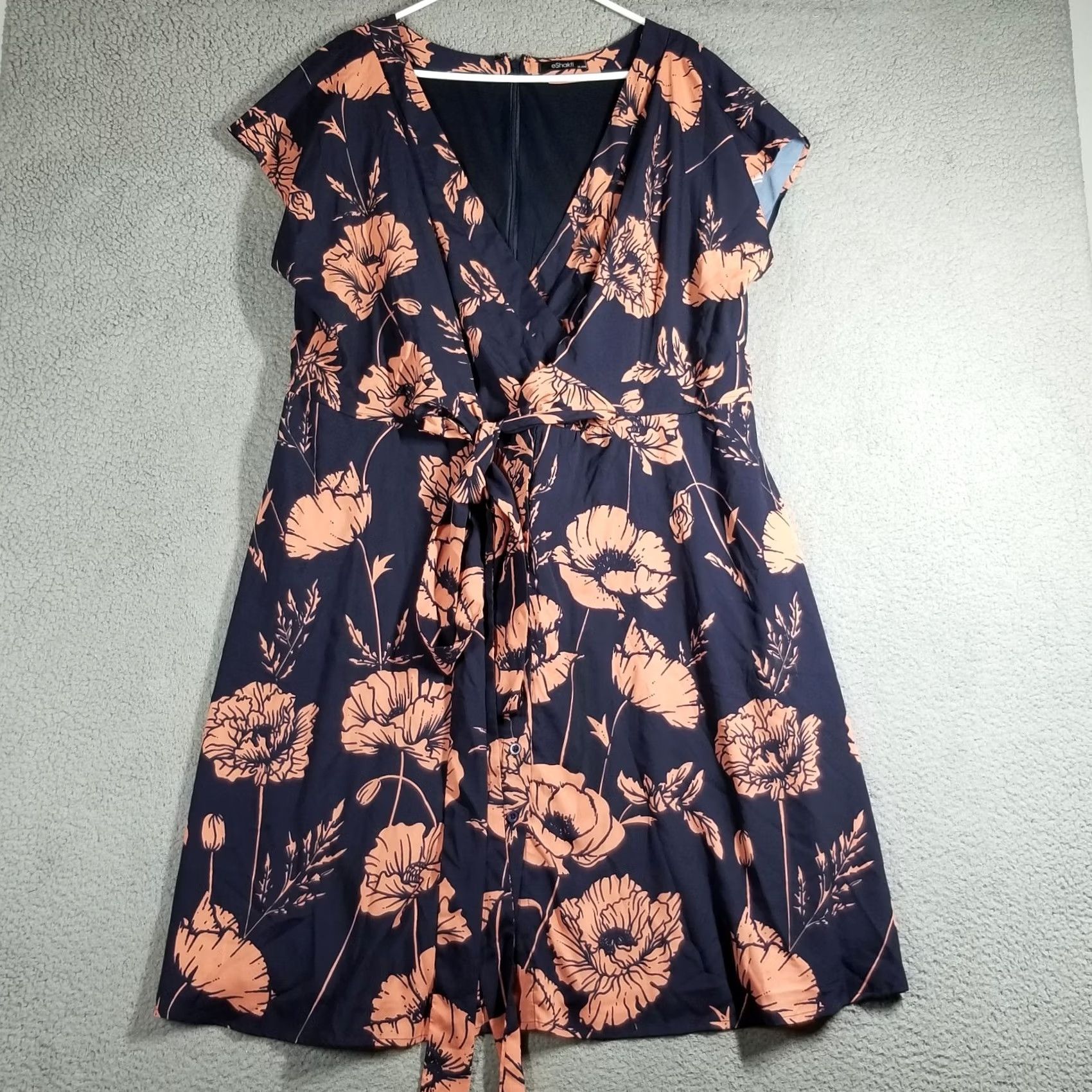 Vintage eShakti Shirt Dress 3X Blue Pink Short Sleeve Floral Artsy Tie Dress Womens 26W Size XXL / US 16-18 / IT 52-54 - 2 Thumbnail