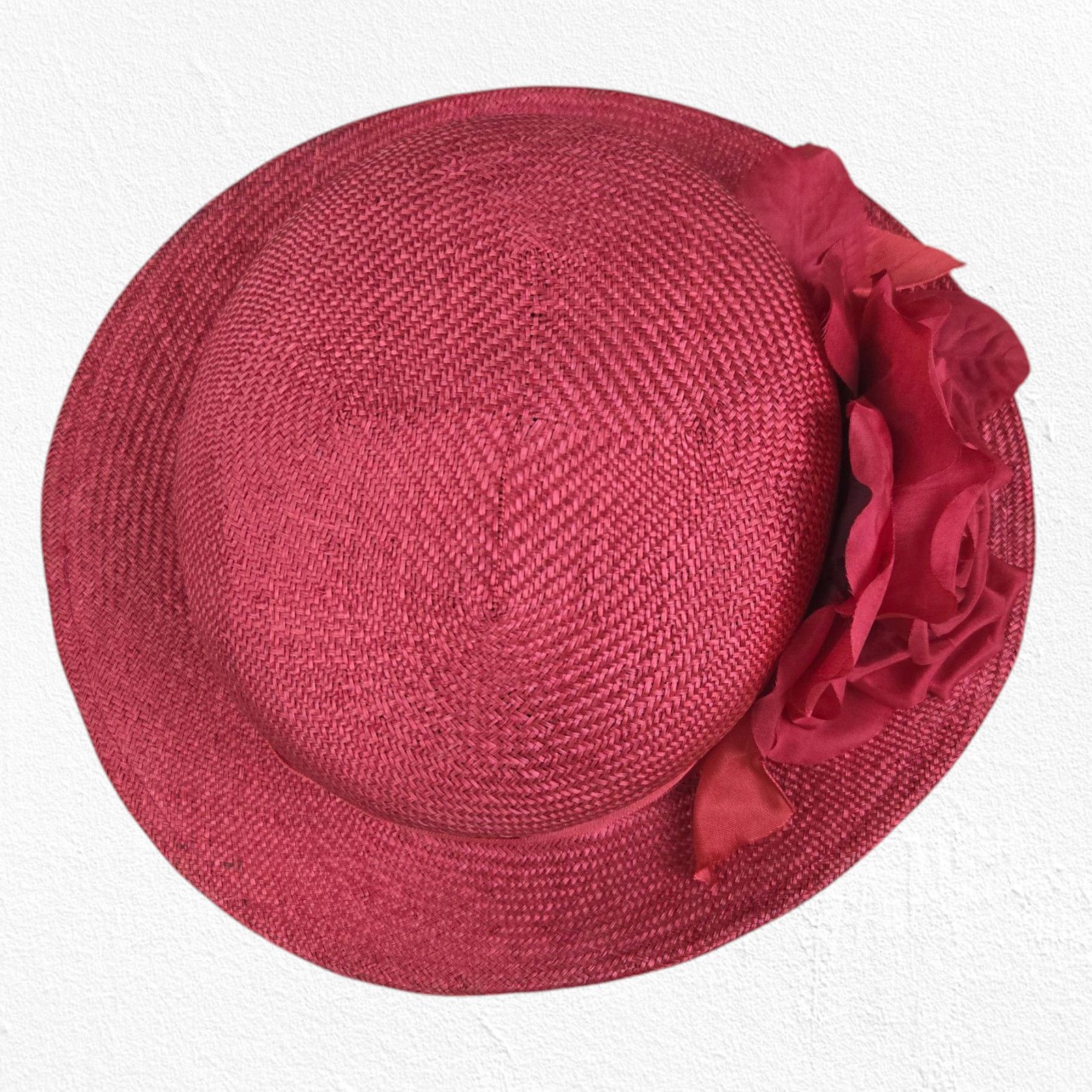 Vintage Vintage Red Derby Hat Wide Brim Rose Straw OS Size ONE SIZE - 5 Thumbnail