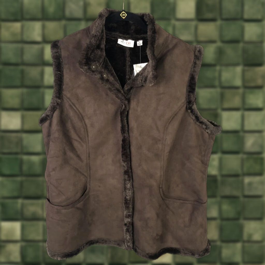 Denim & Co. Denim & Co Vest Womens XL Brown Faux Suede Faux Fur Sherpa Lined Snap Pockets Size XL / US 12-14 / IT 48-50 - 1 Thumbnail