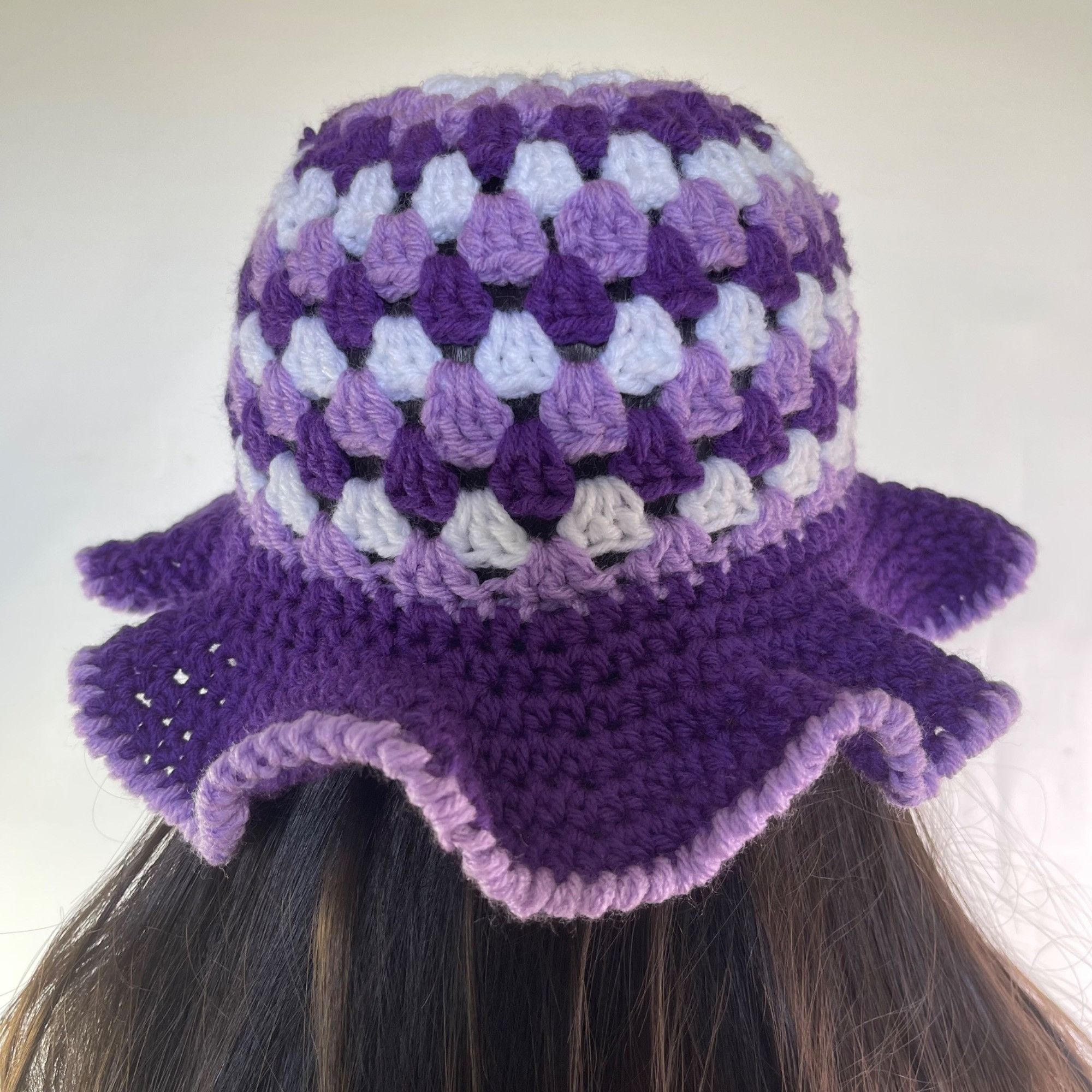 Handmade Crochet Bucket Hat Granny Square Pattern Purple Lavender Whi Size ONE SIZE - 4 Thumbnail