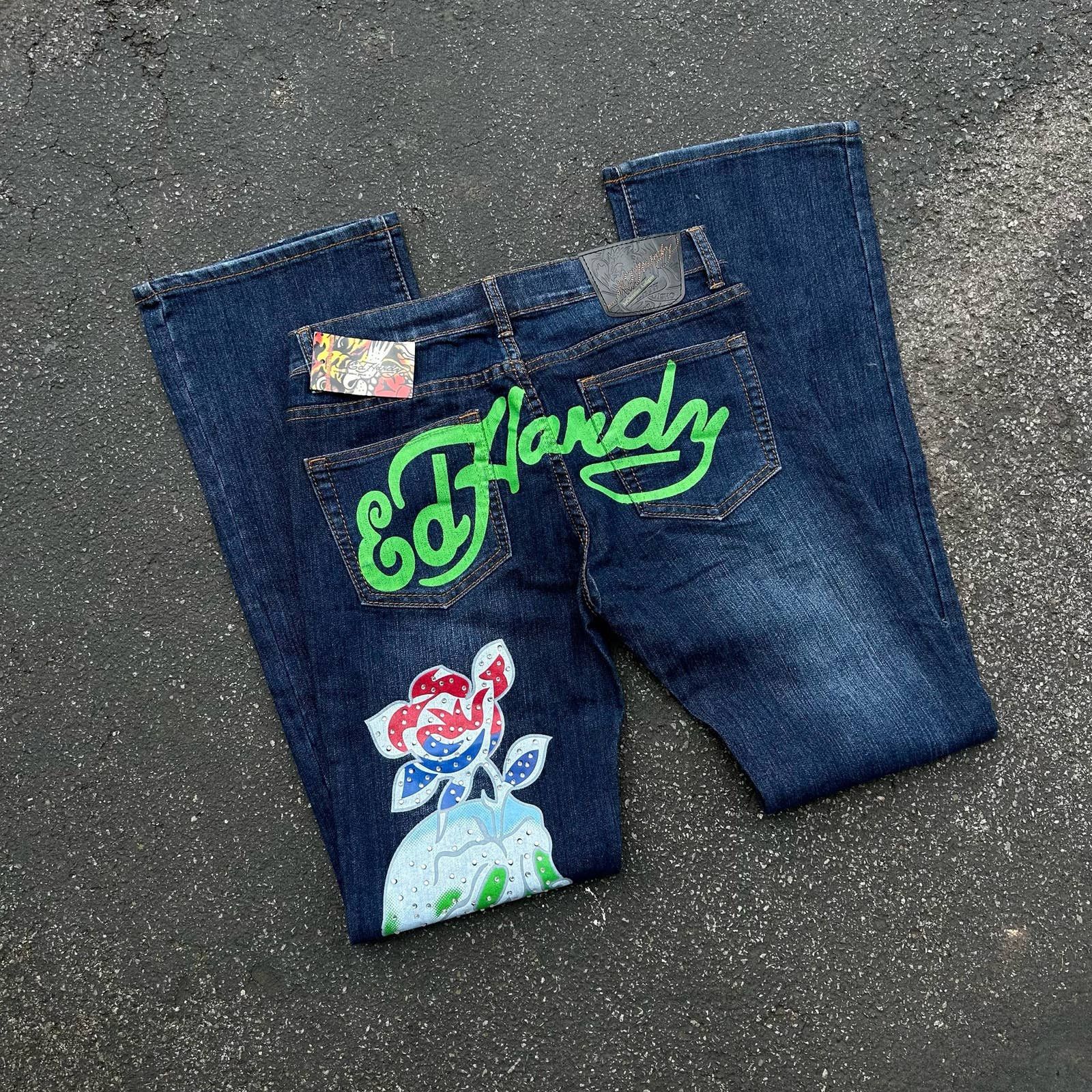 image of Ed Hardy Green Spell-Out Jeans - Size 29 in Blue, Men's