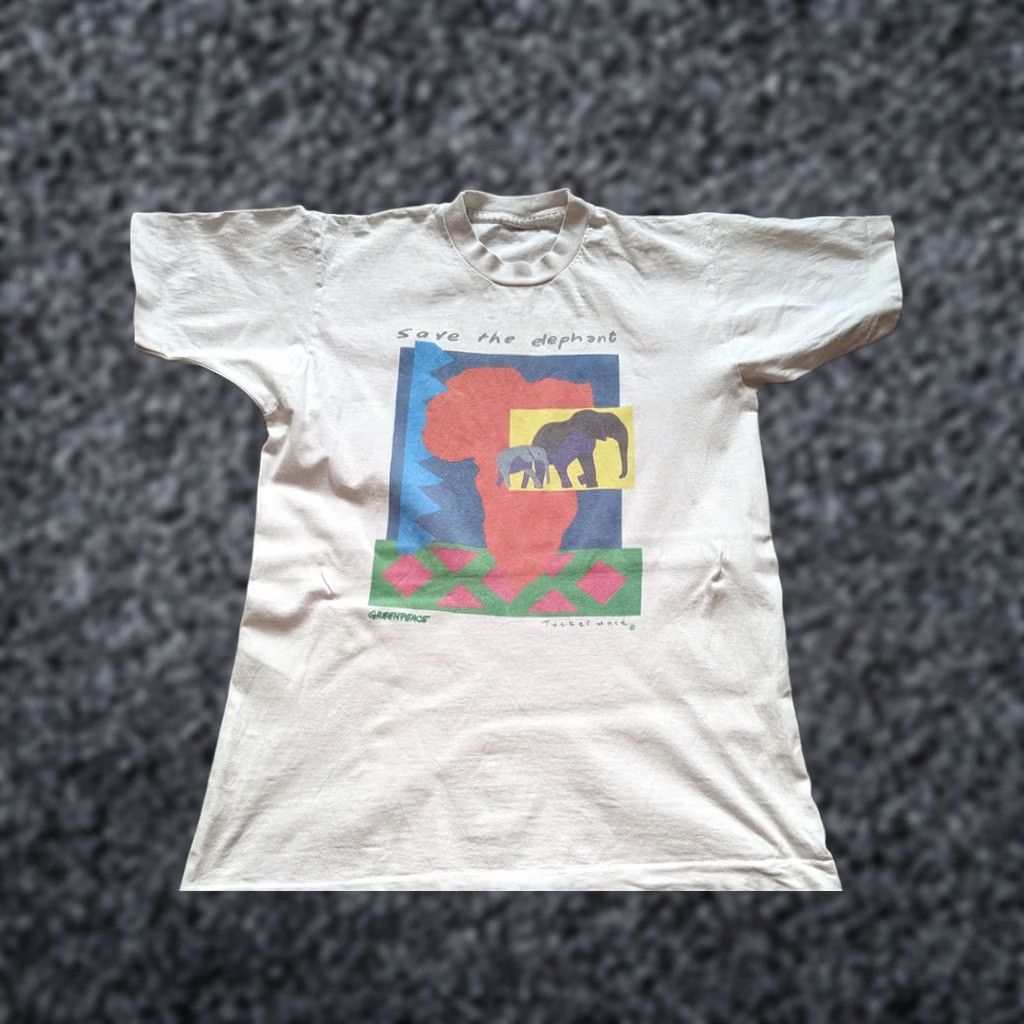 Vintage VINTAGE Save the elephant Greenpeace Tucker Ware Shirt Single Stitch White S XS Mens Size US S / EU 44-46 / 1 - 1 Thumbnail