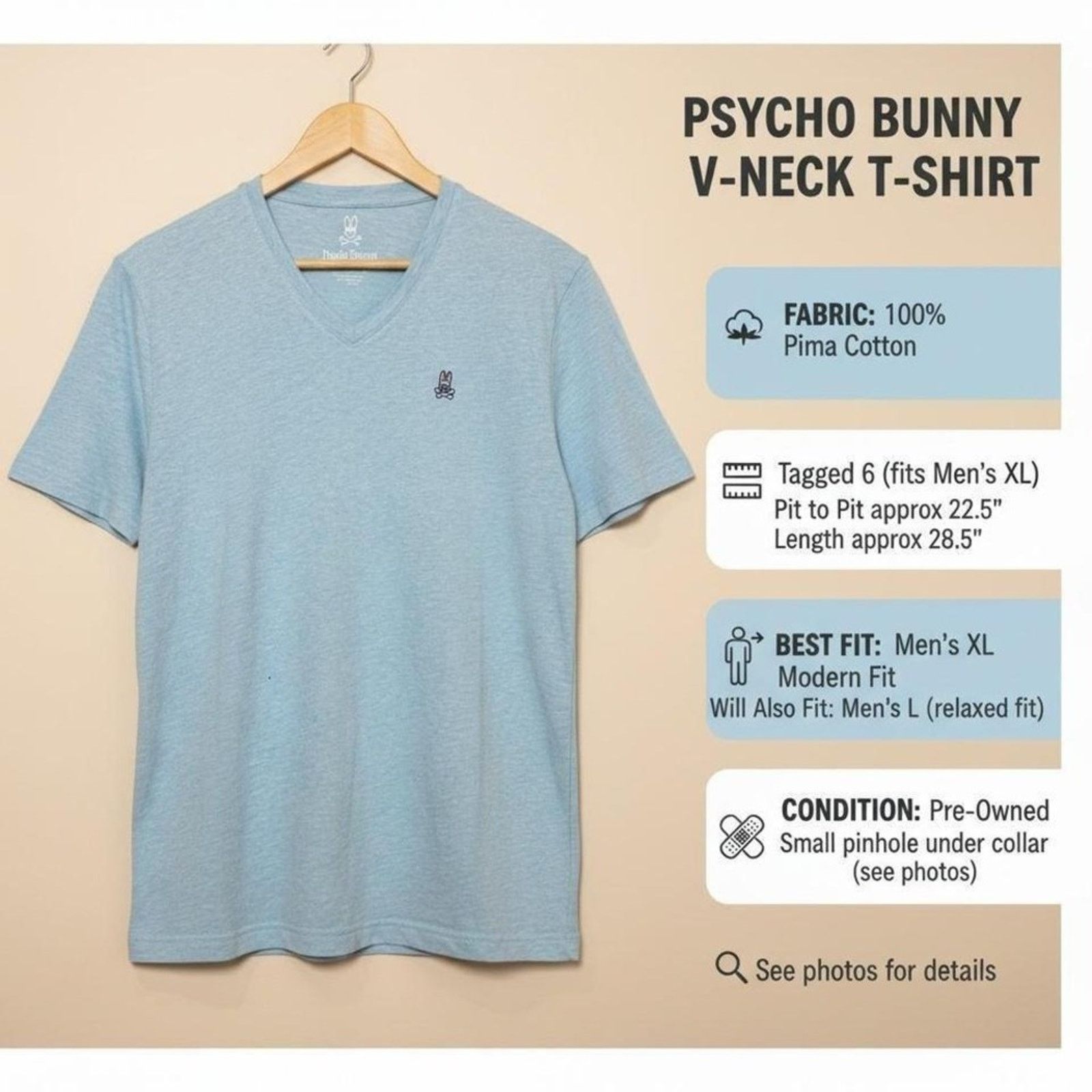 Psycho Bunny Psycho Bunny Pima Cotton V-Neck Tee Light Blue Sz 6 Size US XL / EU 56 / 4 - 7 Thumbnail