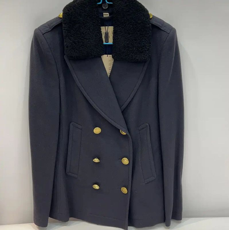 Burberry Women's Blue Wool Coat with Shearling Collar