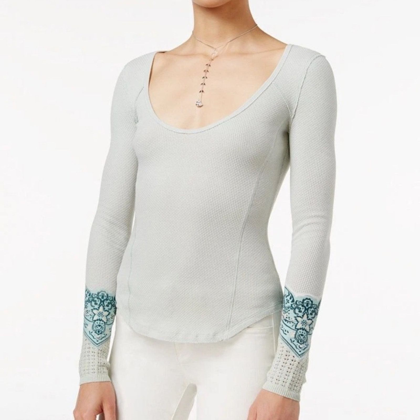 Free People Free People Bandana Cuff Waffle Knit Top Women’s Large Mint Size L / US 10 / IT 46 - 1 Thumbnail
