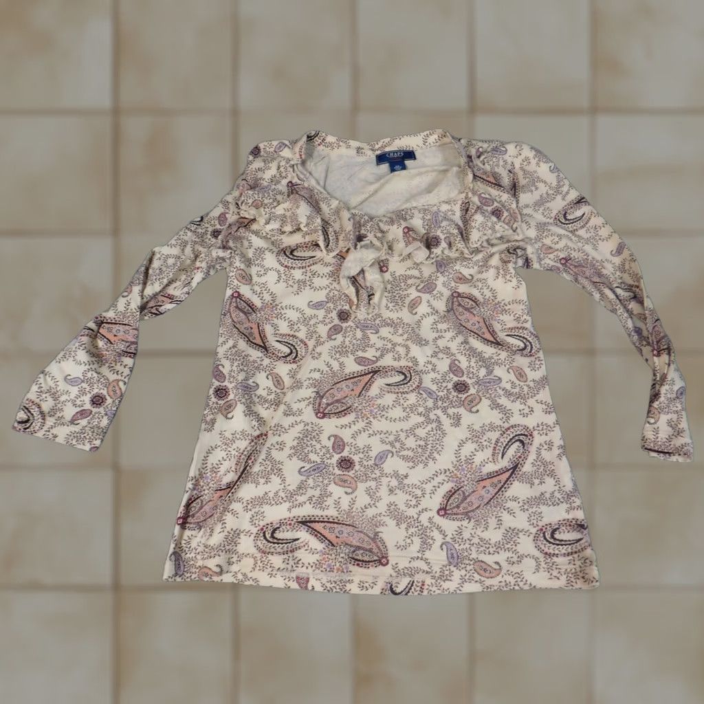 Chaps Chaps Blouse XS Womens Beige Floral Pullover Top Long Sleeve Round Neck Casual Cotton Rayon Shirt Size XS / US 0-2 / IT 36-38 - 1 Thumbnail