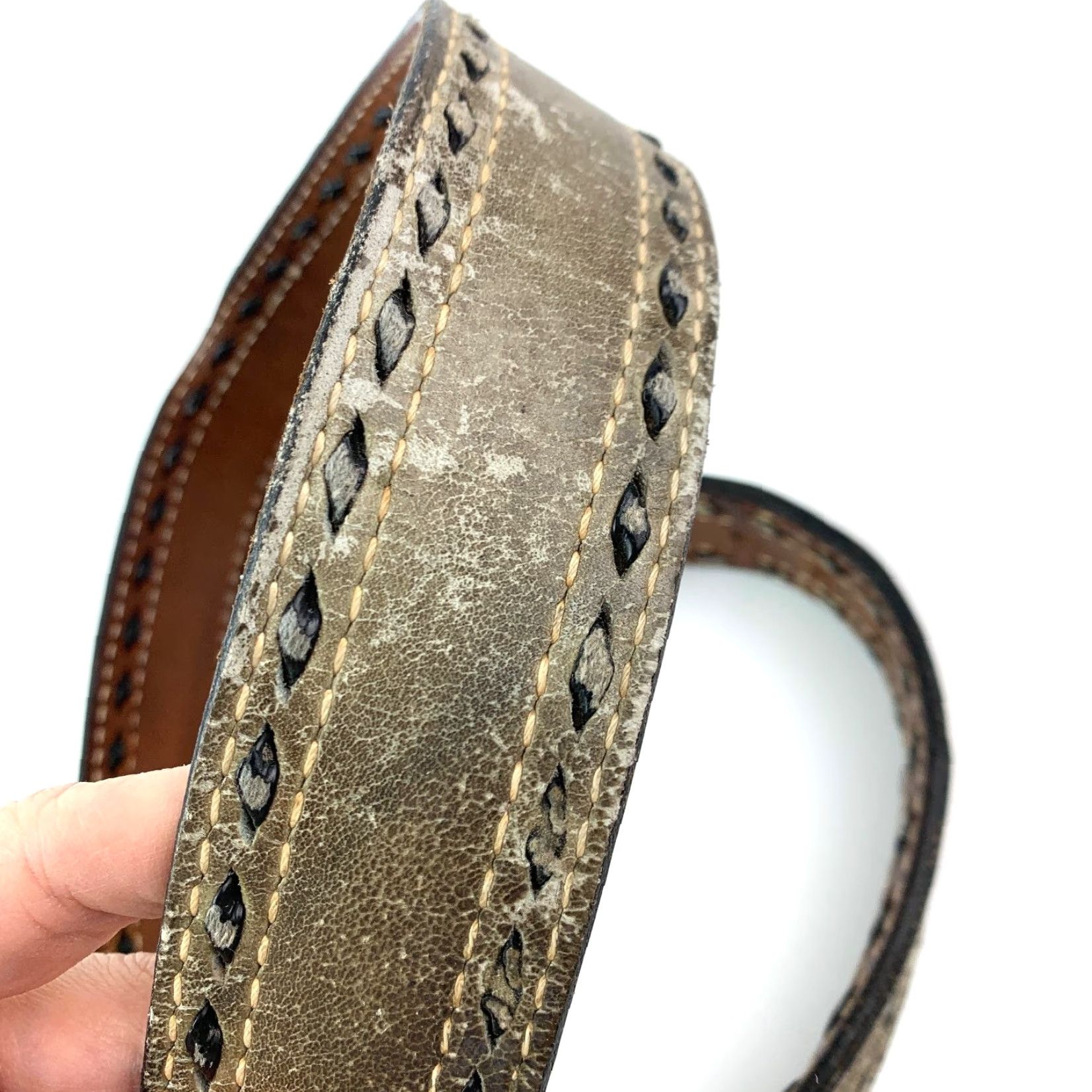 Vintage VINTAGE Nocona Mens Distressed Leather Belt Turquoise Inlay Buckle 36 Gray Inlay Shriners Buckle Size 36 - 7 Thumbnail