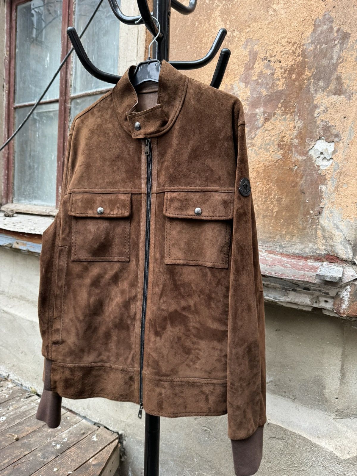 image of Moncler Exclusive Leather Bomber Jacket in Brown, Men's (Size Medium)