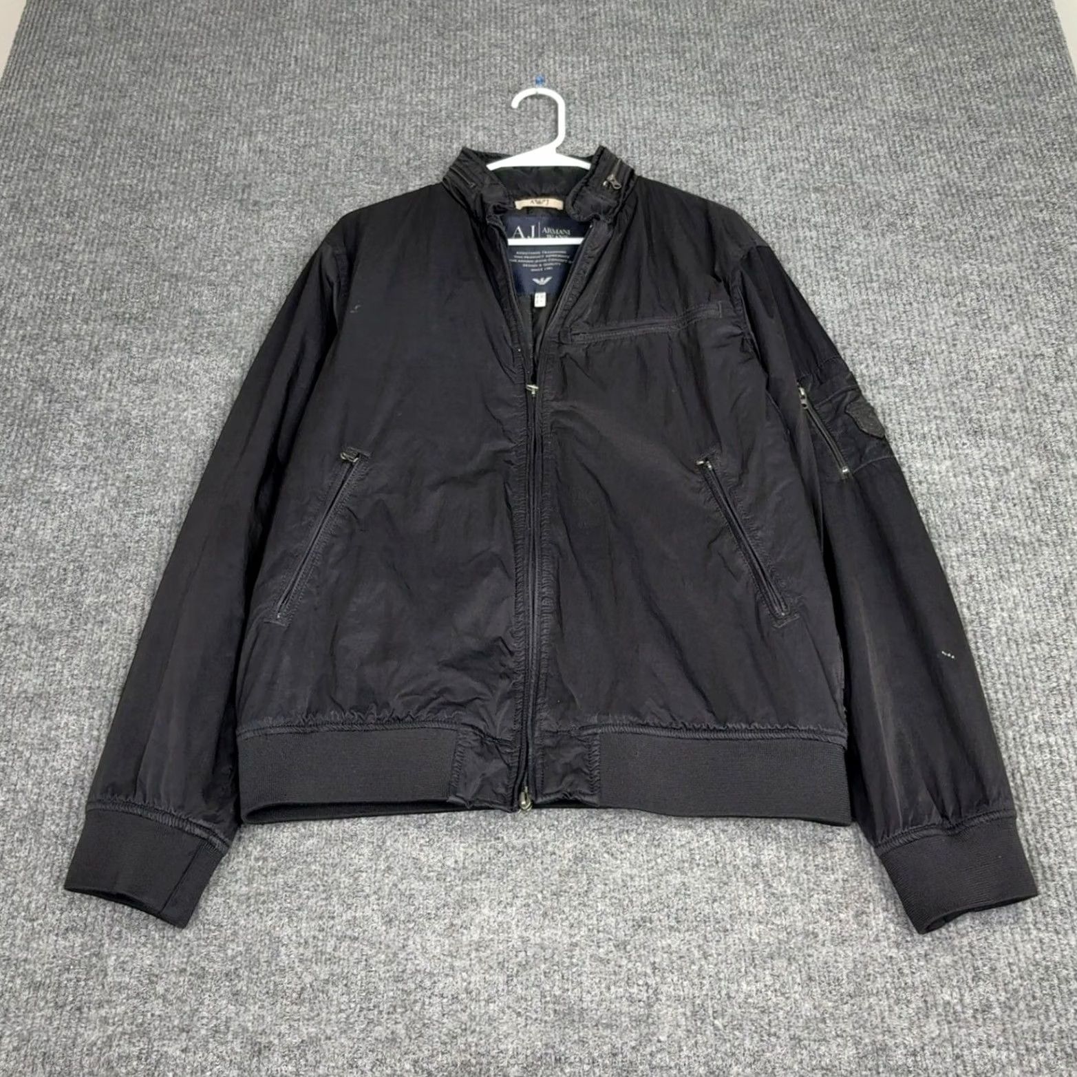 Vintage Armani Jeans Jacket Mens L Black Bomber Full Zip Lightweight Utility Techwear Size US 33 - 2 Thumbnail