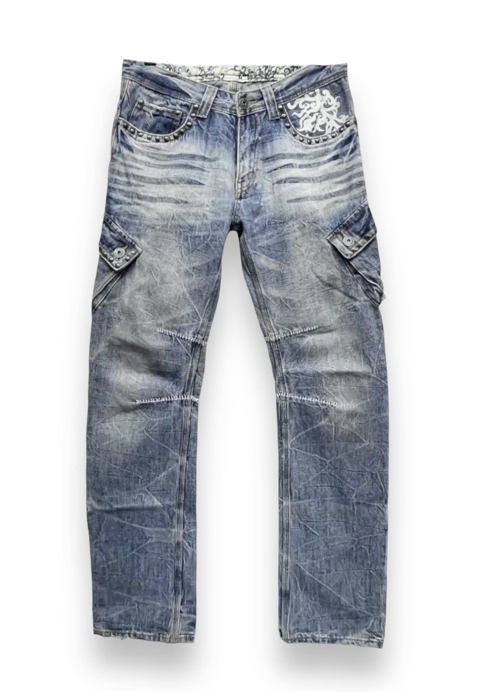 Seditionaries Distressed Studded Tribal Tattoo Slanted Pocket Denim Cargo Size US 31 - 4 Thumbnail