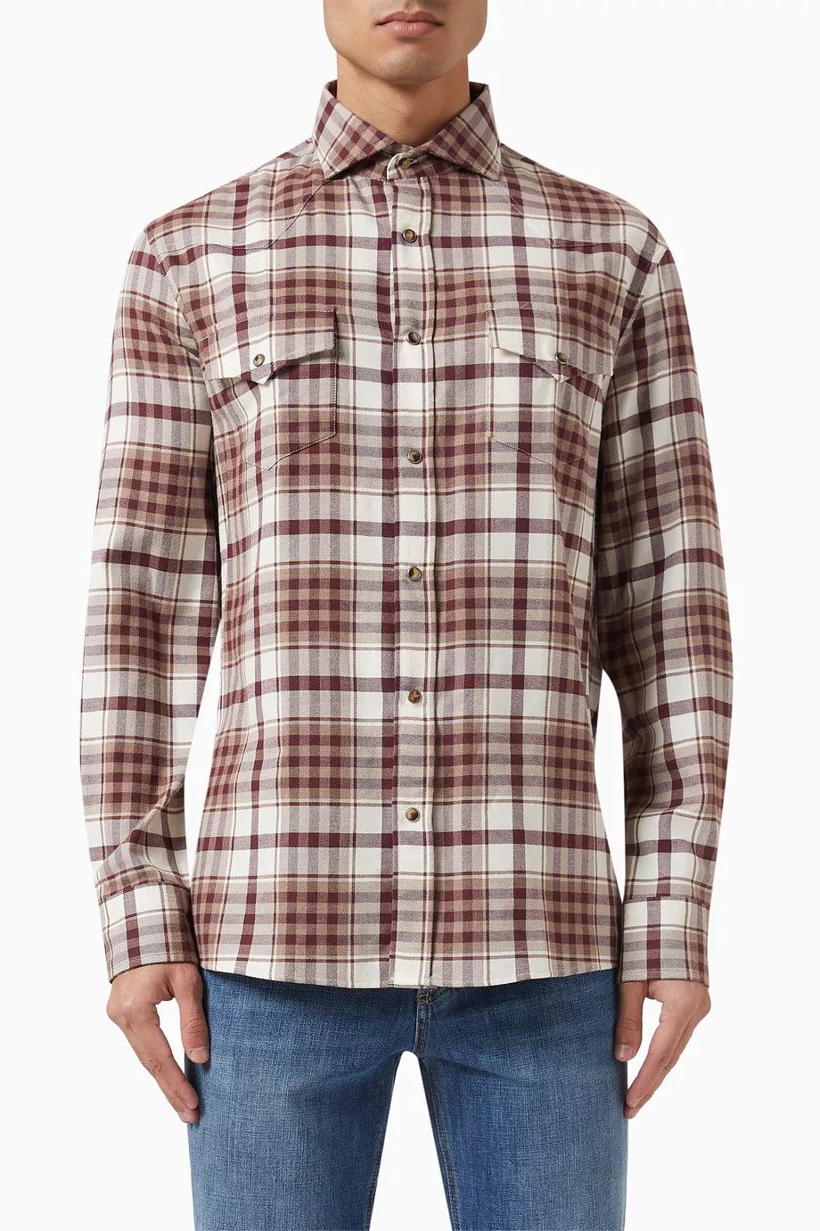 Brunello Cucinelli o1y0526 Checked Shirt in Burgundy/White Size US XL / EU 56 / 4 - 1 Thumbnail