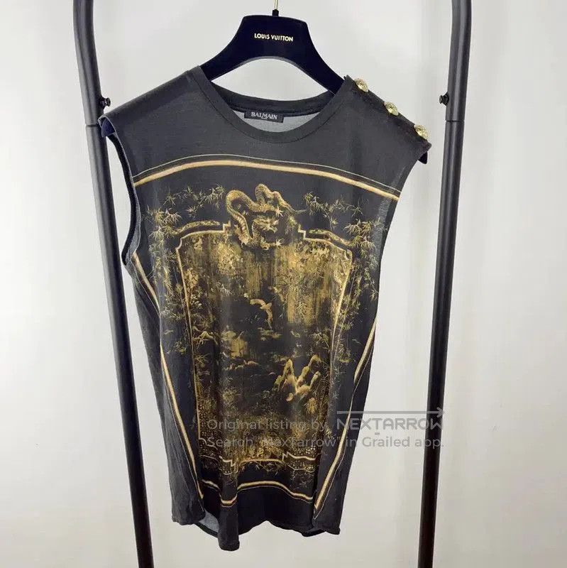 Balmain Black Cotton Men's T-Shirt with Gold Design .