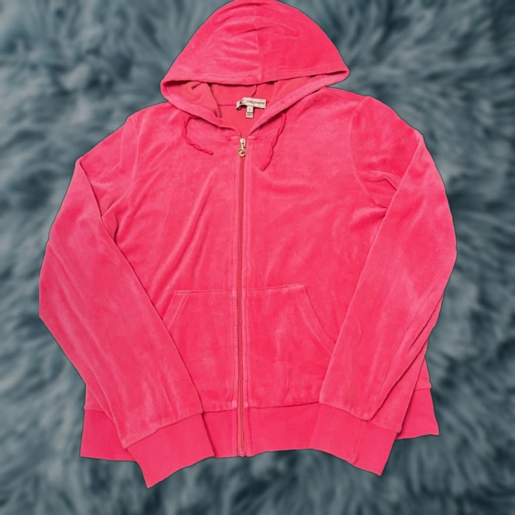 VINTAGE Juicy Couture Hoodie Full Zip Pink 2000s Womens Large 90s Y2K Hip Hop Grunge Punk Designer Front Pockets