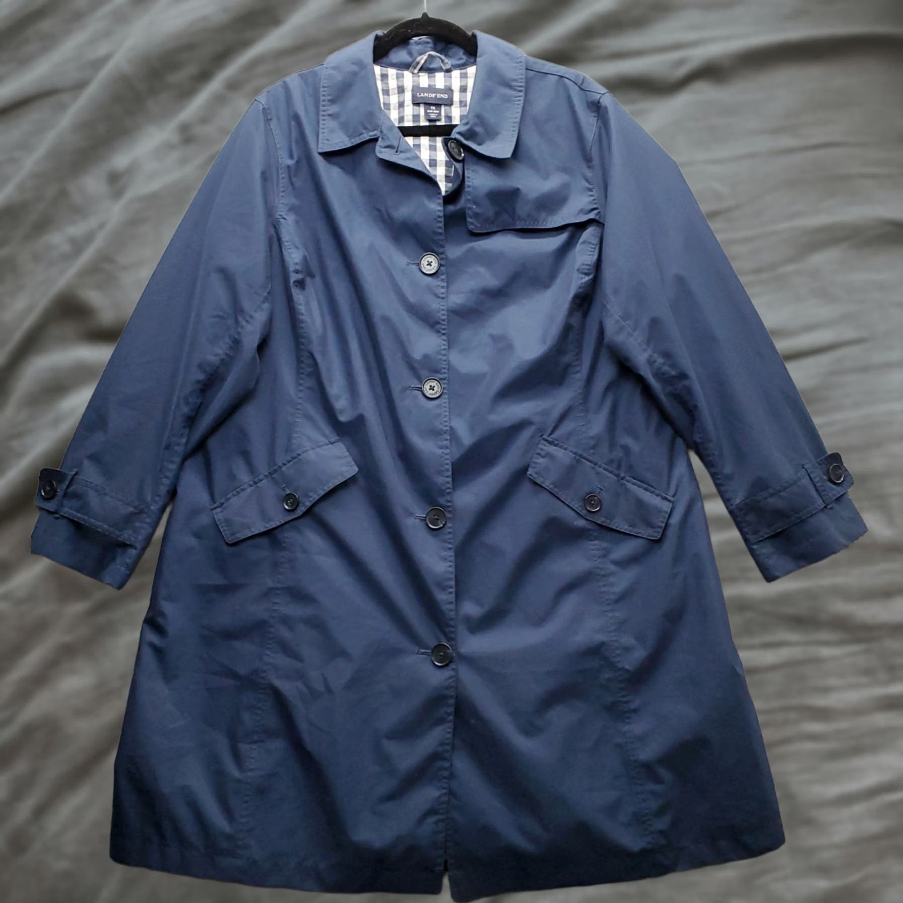 Lands' End Lands' End Trench Coat Womens 1X Navy Gingham Lined Vented Collar Button Front Size XL / US 12-14 / IT 48-50 - 1 Thumbnail