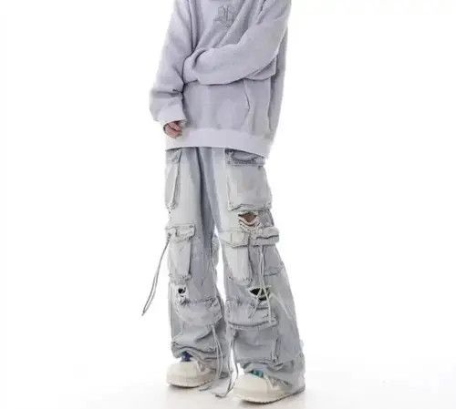 Jean Extreme Distressed Multi-Pocket Wide Leg Cargo Jeans Size US 28 / EU 44 - 4 Thumbnail