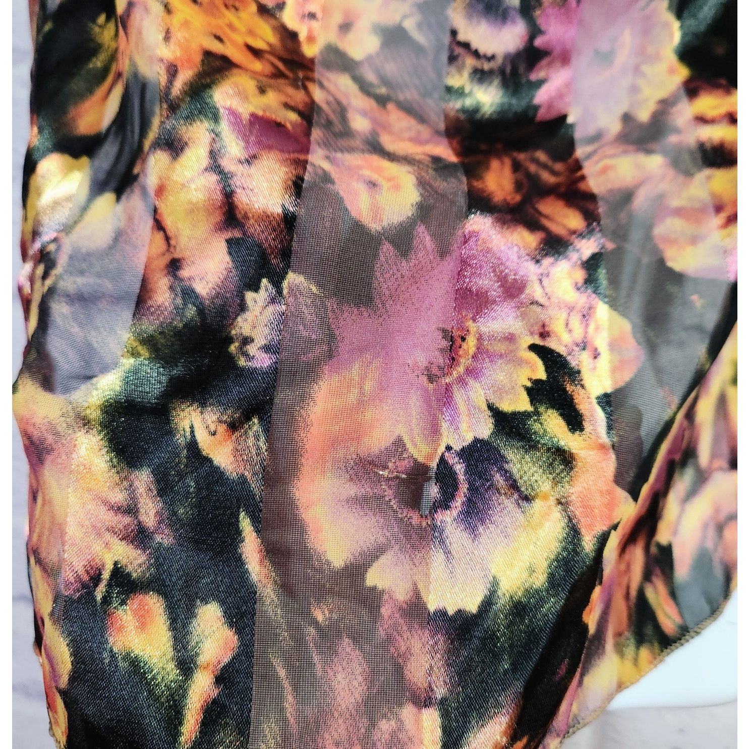 Other Black Purple Yellow Floral Print Square Scarf Sheer Soft Size ONE SIZE - 2 Thumbnail