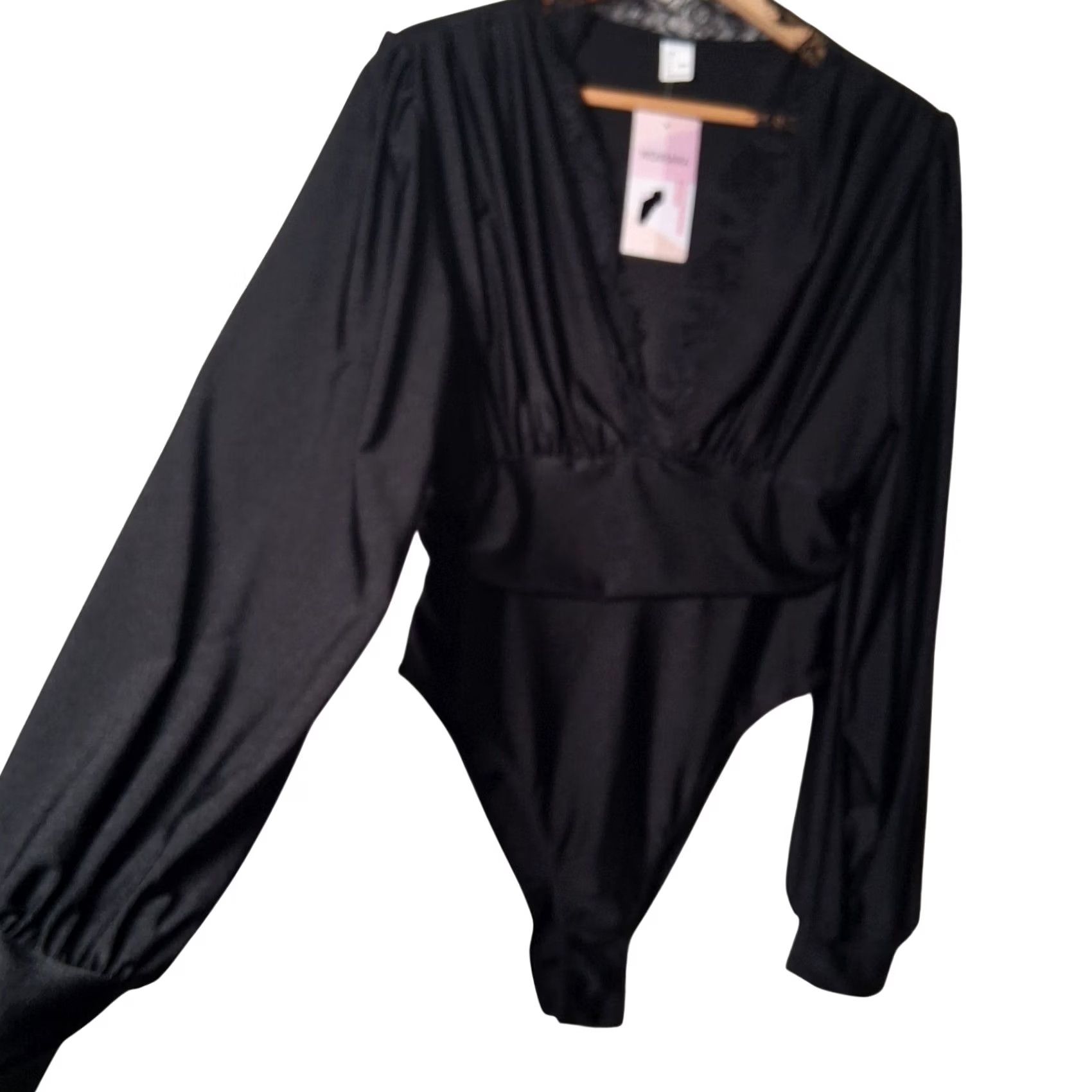 Vintage WDIRARA Bodysuit Women L Black Long Sleeve V-Neck Lace Trim Stretch NEW Size L / US 10 / IT 46 - 4 Thumbnail