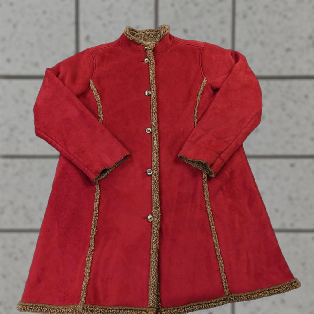 Vintage VTG LL Bean Jacket Womens L Red Heavy Sherpa Lined Suede Long Trench Coat Parka Coat Size L / US 10 / IT 46 - 1 Thumbnail