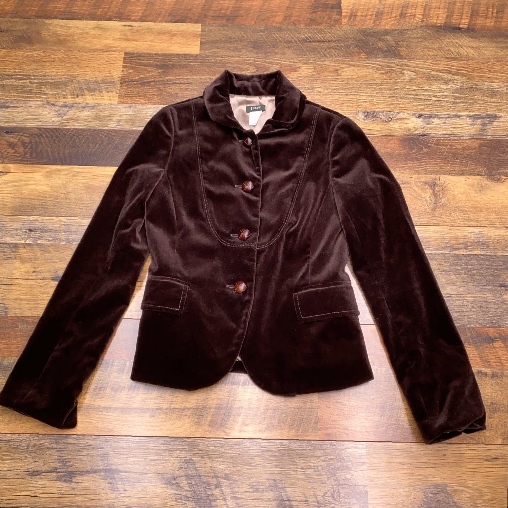 J.Crew VINTAGE J.CREW Blazer Velvet Womens 0 Brown Notch Notch Lapel Four-Button Short Sleeve Single-Breasted Dry Clean Only Solid 100% Cotton Jacket Size XS / US 0-2 / IT 36-38 - 2 Thumbnail