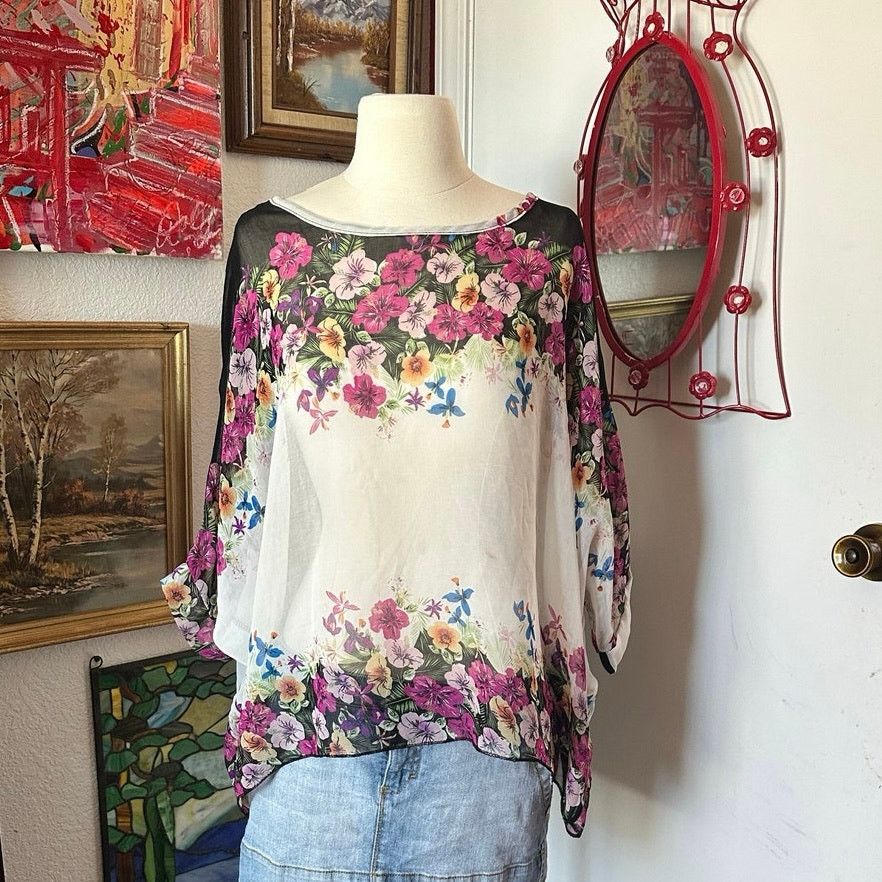 Other no brand no size sheer black and white multicolor floral top Size L / US 10 / IT 46 - 1 Thumbnail