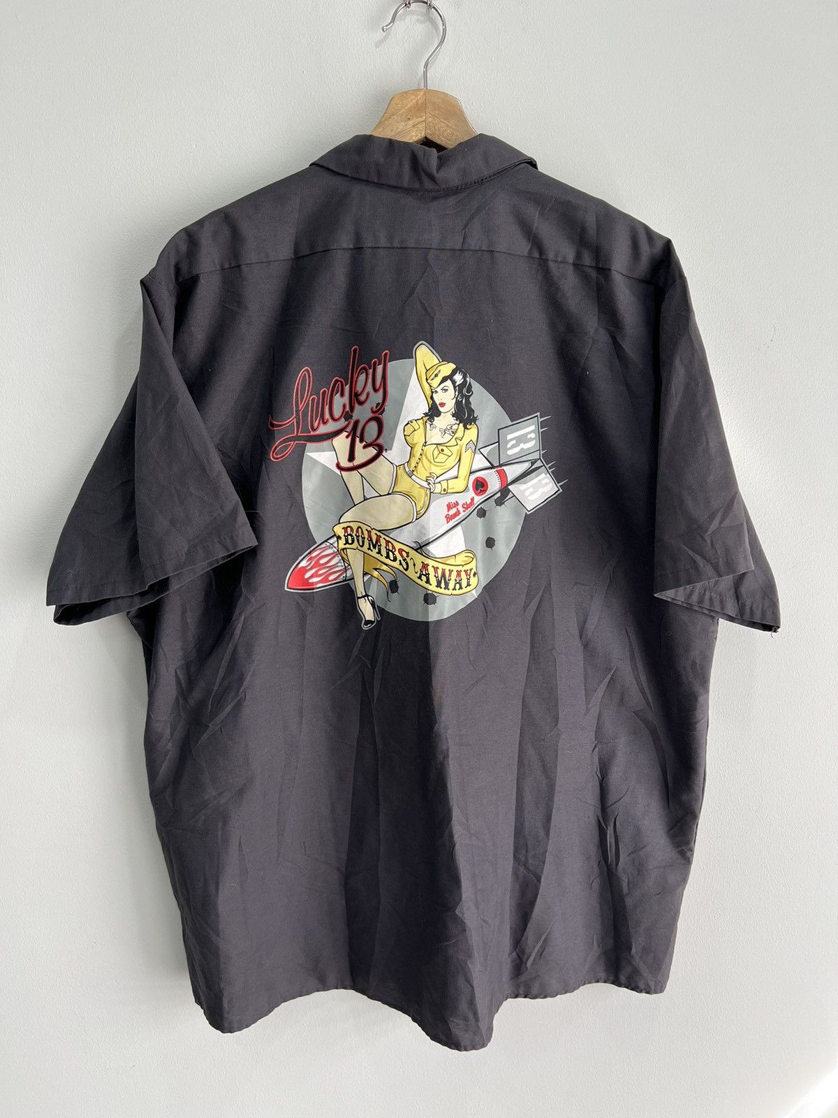 Vtg Lucky 13 Button Up Shirt plane bombs away cropped xxl