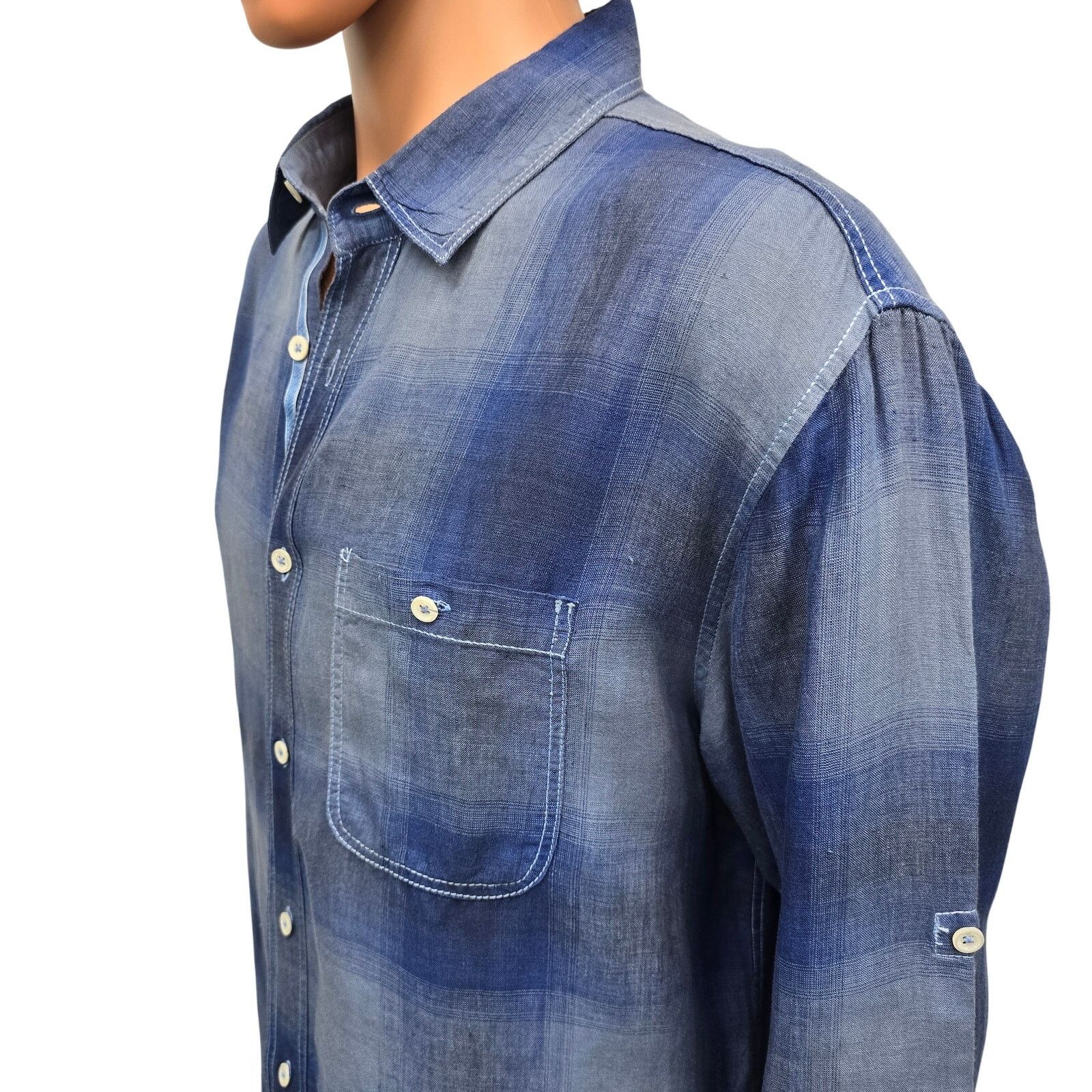 BUGATCHI Bugatchi Uomo Linen Shirt L Shaped Fit Ombre Plaid Roll tab Size US L / EU 52-54 / 3 - 9 Thumbnail