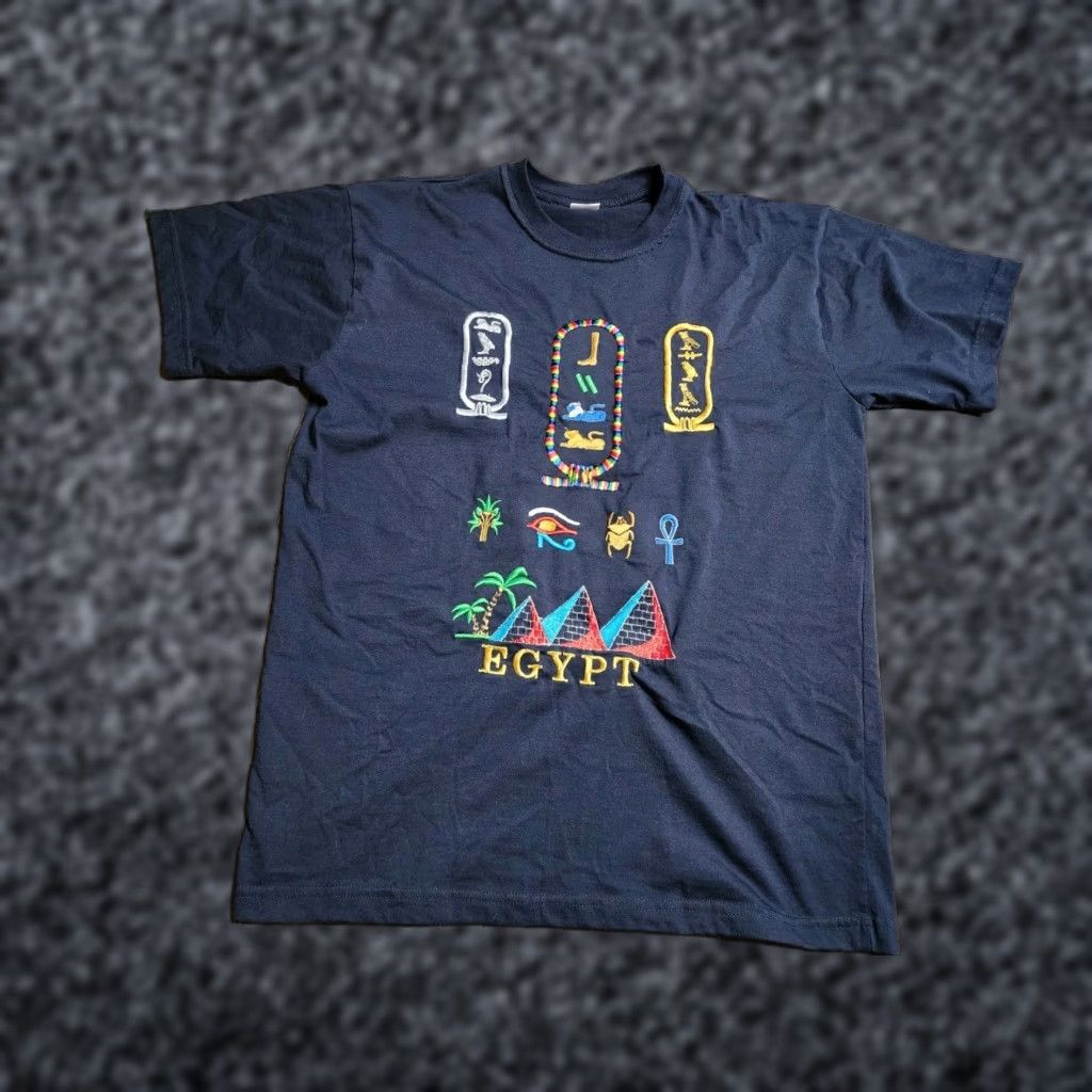 Vintage VINTAGE Engineering Shirt T-Shirt Blue Embroidered Hieroglyphics Short Sleeve XL Men Size US XL / EU 56 / 4 - 1 Thumbnail