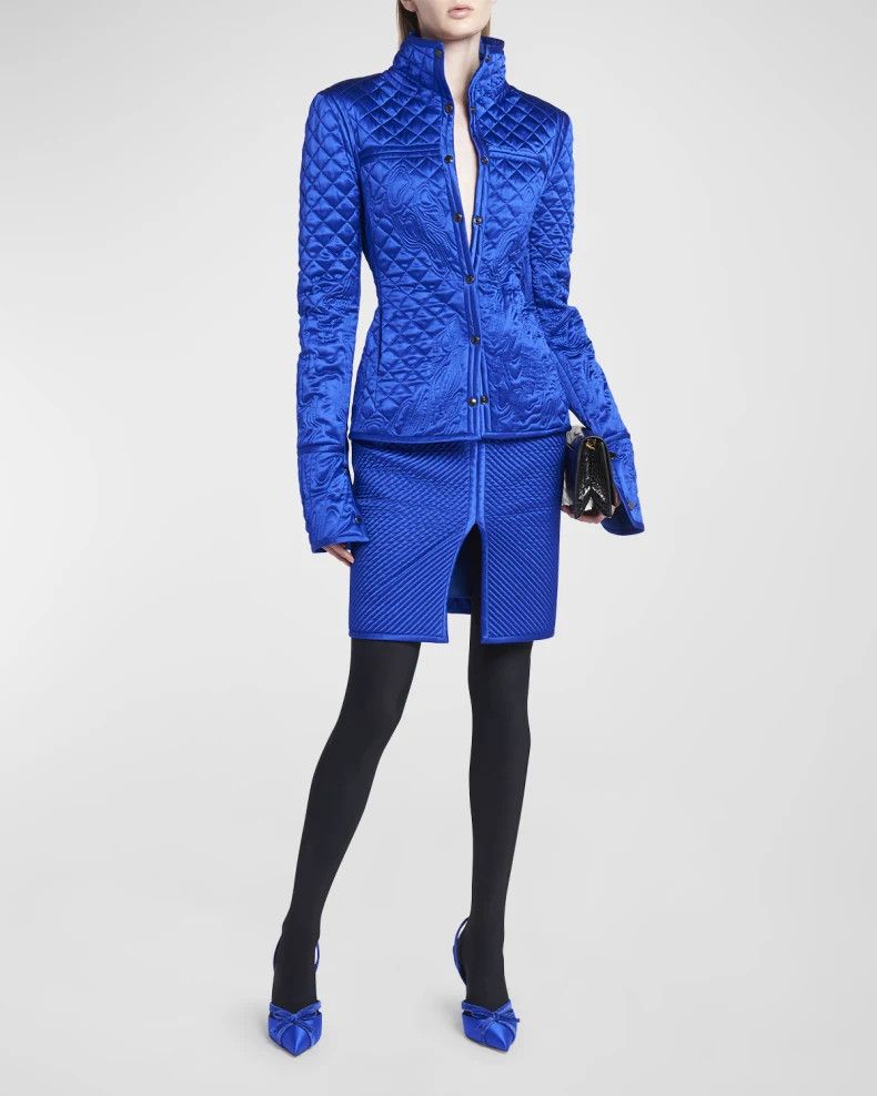 Tom Ford o1w1db10225 GI2960 Embroidered Quilted Silk Jacket in Blue Size S / US 4 / IT 40 - 3 Thumbnail