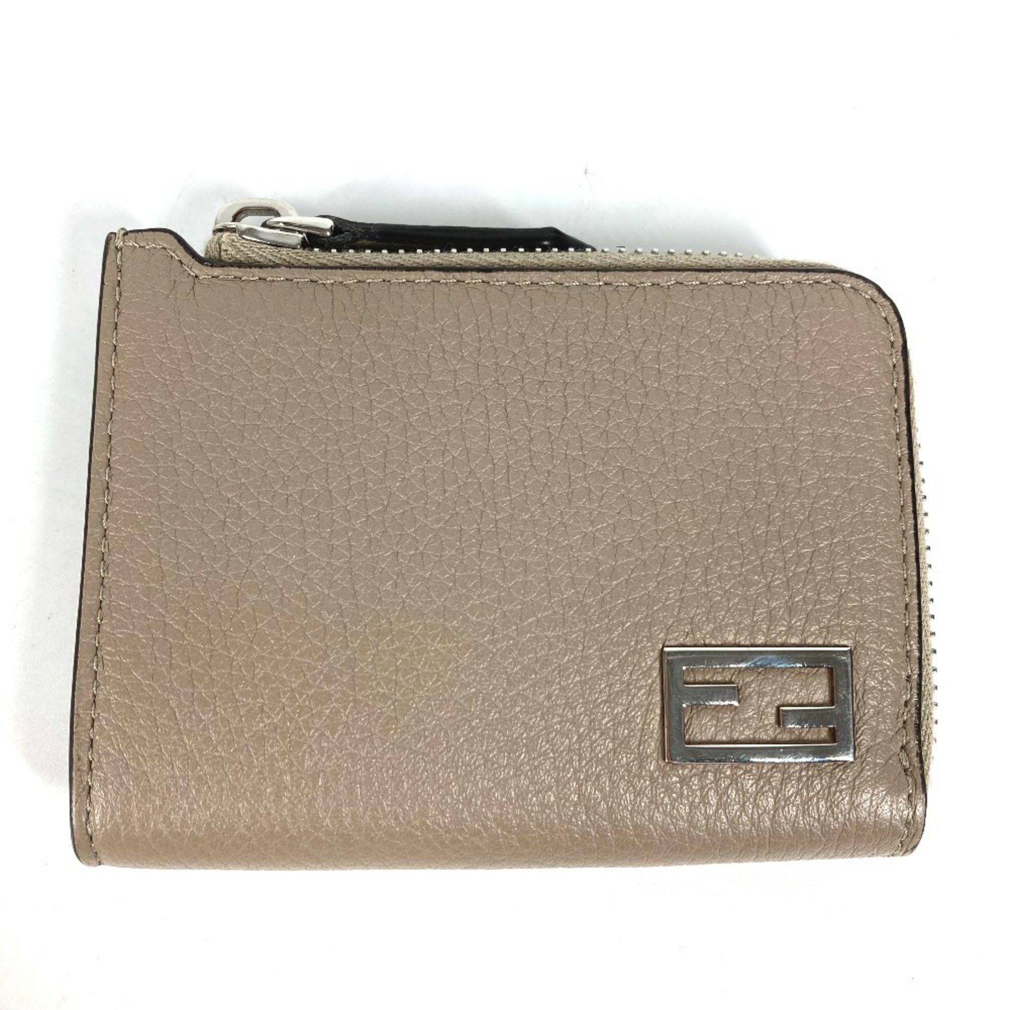 FENDI 7M0330 Fragment Case Wallet Logo L-Shaped Zipper Coin Purse Leather Men's Beige