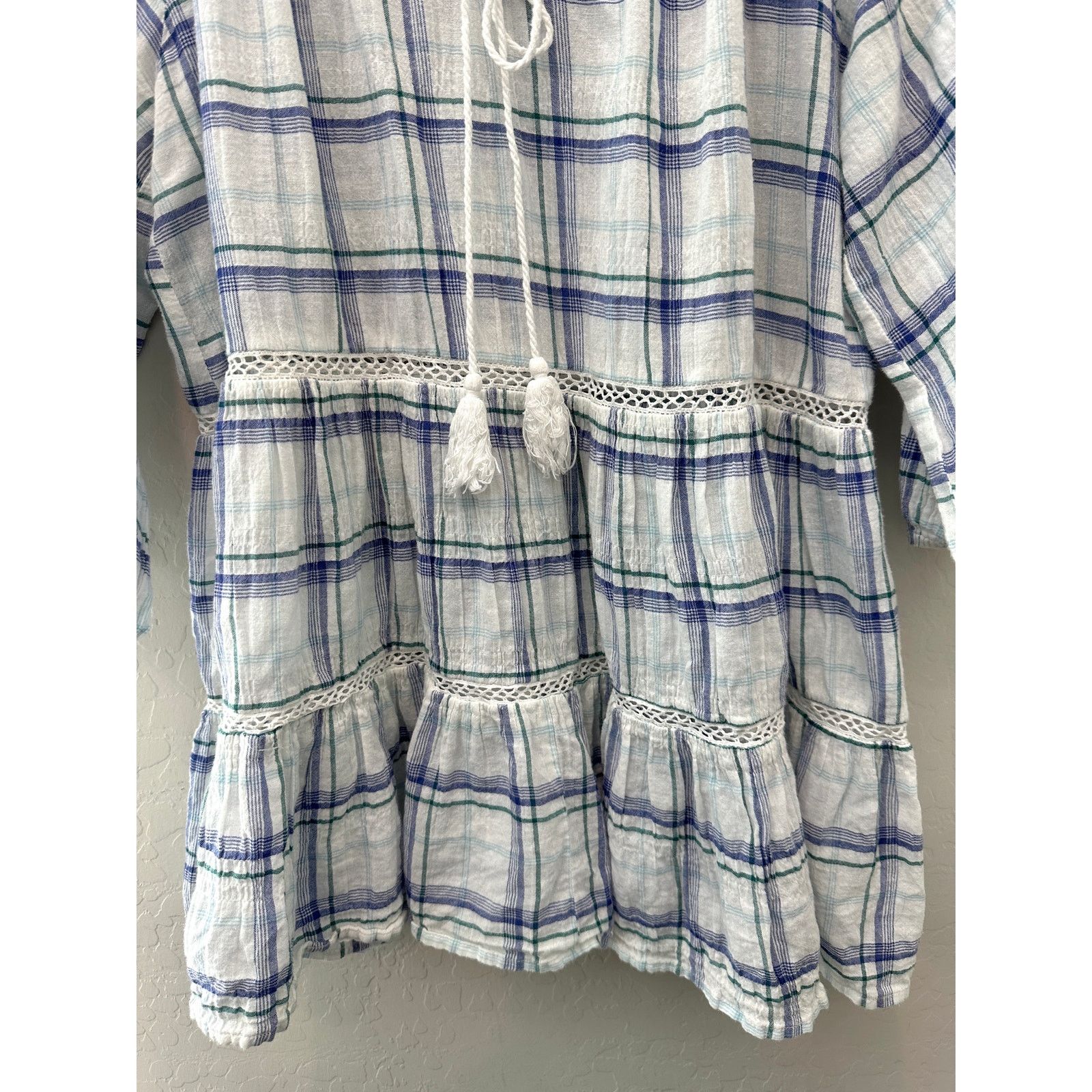 Anthropologie ANTHROPOLOGIE White Blue Plaid Peasant Cotton Tunic Blouse Size L / US 10 / IT 46 - 4 Thumbnail