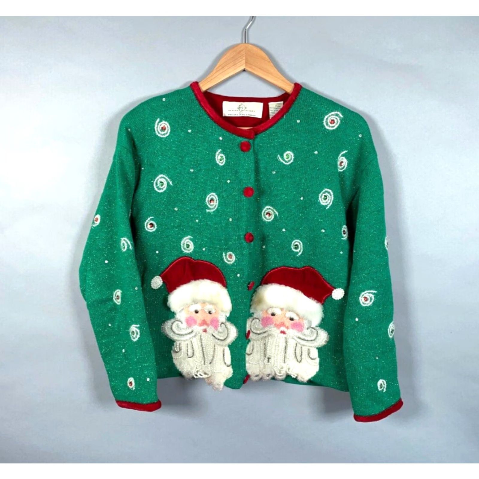 Vintage VINTAGE Design Options Cardigan Women's M Green Santa Sequin Geometric 90s Christmas Holiday Ugly Sweater with Shoulder Pads Crew Neck Knit Size M / US 6-8 / IT 42-44 - 2 Thumbnail