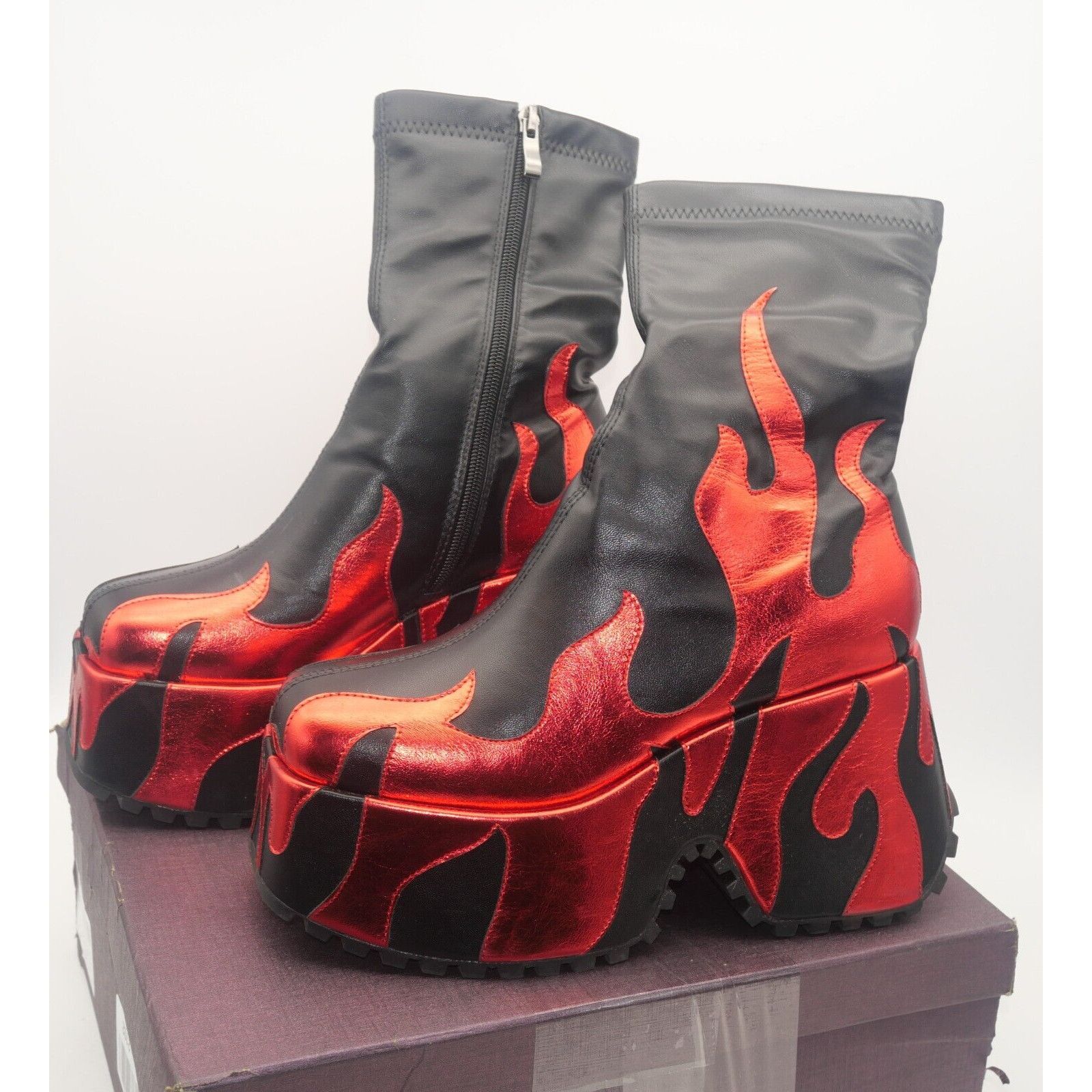 Other NEW Hicolor Black Red Flames Chunky Platform Wedge Zip Boot | Grailed