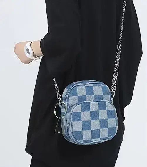 Fashion Y2K Denim Checkered Chain Crossbody Shoulder Bag in Blue, Men's