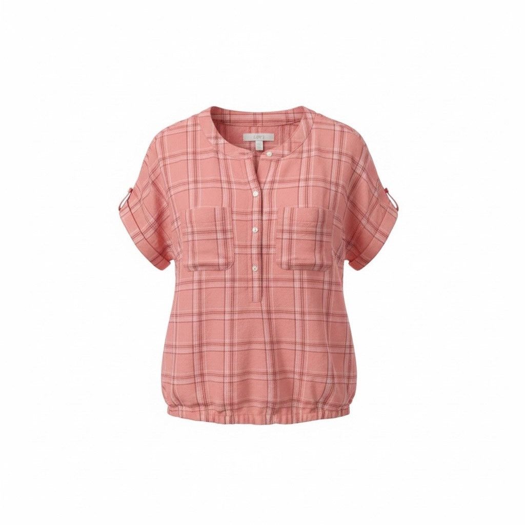 Loft LOFT XS Coral Plaid Button Front Blouse Short Sleeve Size XS / US 0-2 / IT 36-38 - 1 Thumbnail