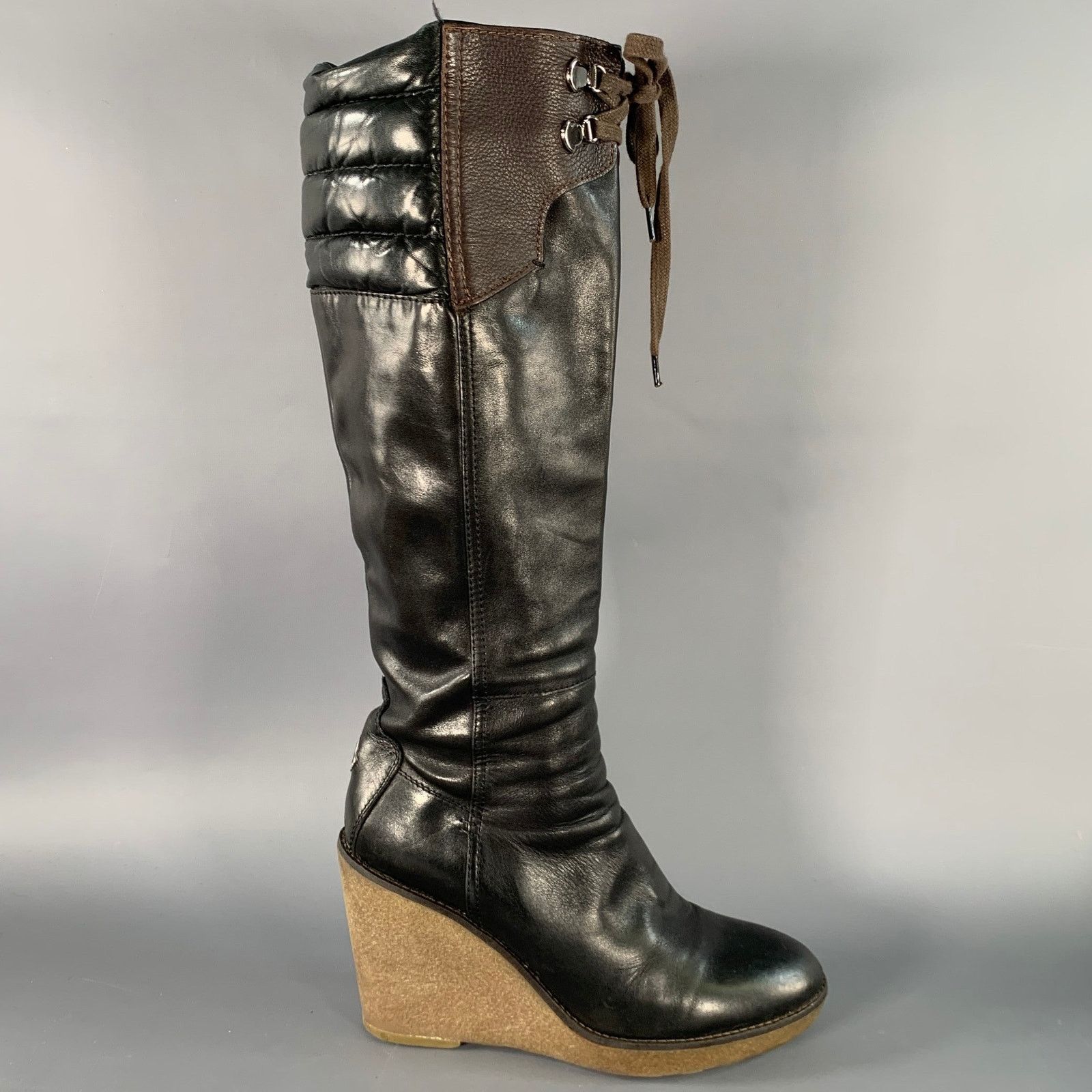 Moncler MONCLER Black Brown Leather Knee High Crepe Sole Wedge Boots Size US 10 / IT 40 - 2 Thumbnail