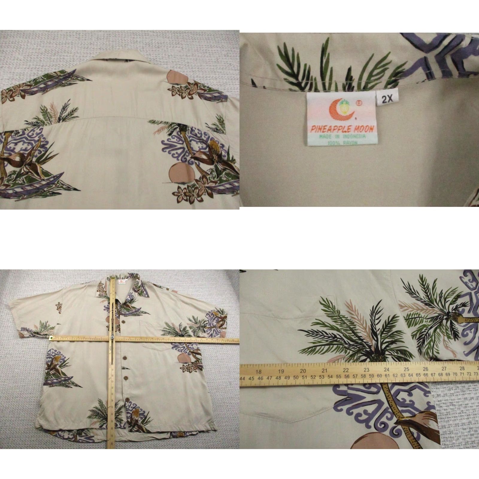 Vintage Pineapple Moon Shirt Mens 2XL Beige Hawaiian Aloha Rayon Palm Tree Print Casual Vintage Beach Boat Shirt Mens 2XL Size US XXL / EU 58 / 5 - 8 Thumbnail