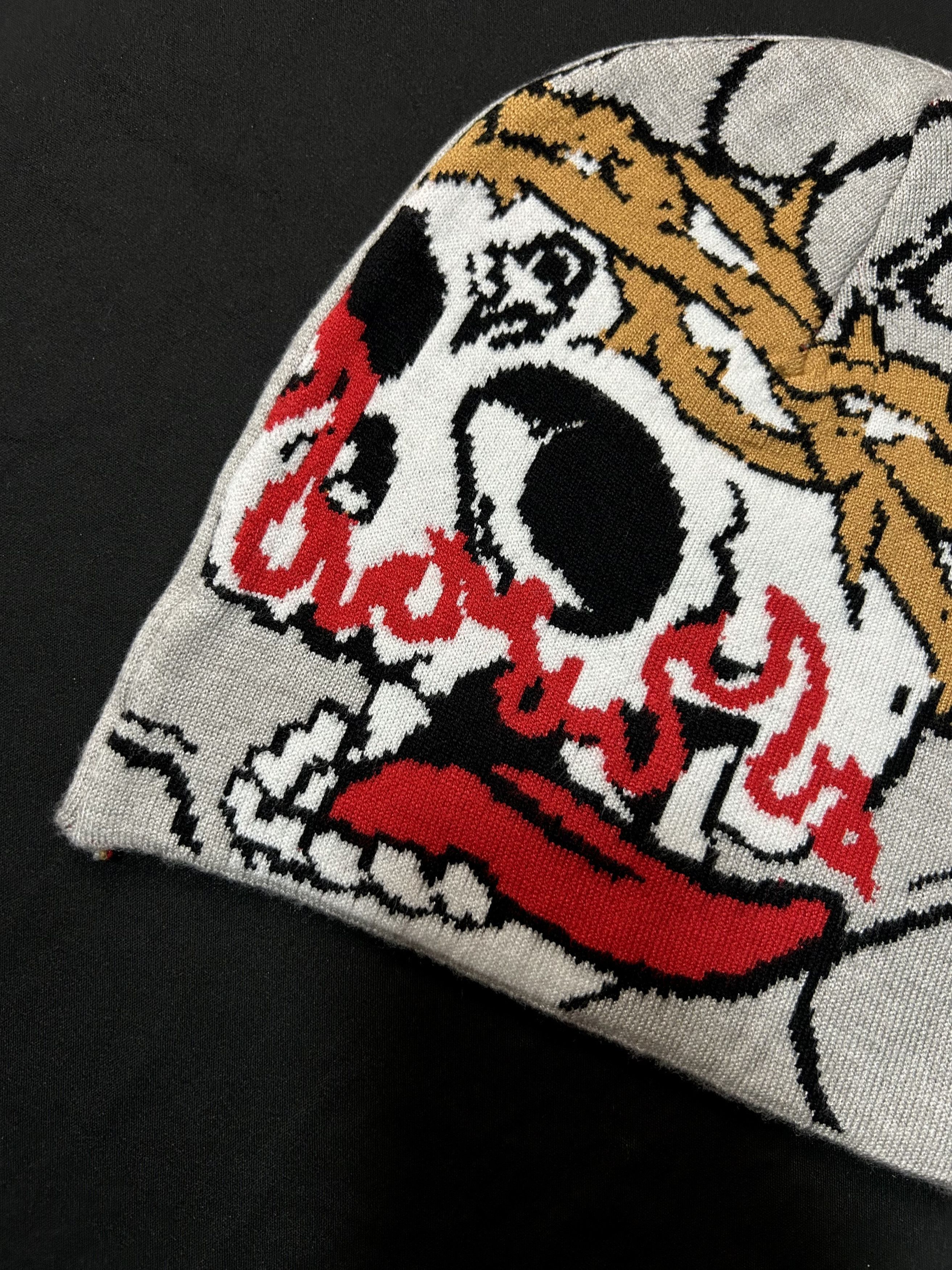 Japanese Brand Deadstock Glo Skull Graphic No Cuff Knit Gray Beanie Hats OS Size ONE SIZE - 2 Thumbnail