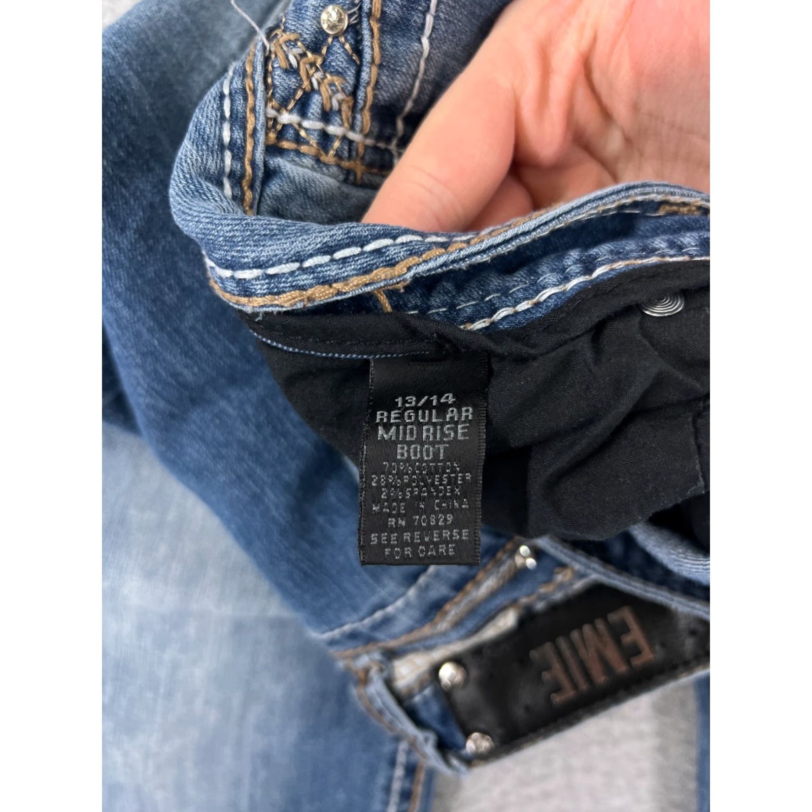 Denime Premiere Jeans Women 13 Blue Denim Embroidered Rhinestone Studded Raw Hem Slim Fit Inseam 26" Mid Rise Adult Women Size 34" / US 12 / IT 48 - 5 Thumbnail