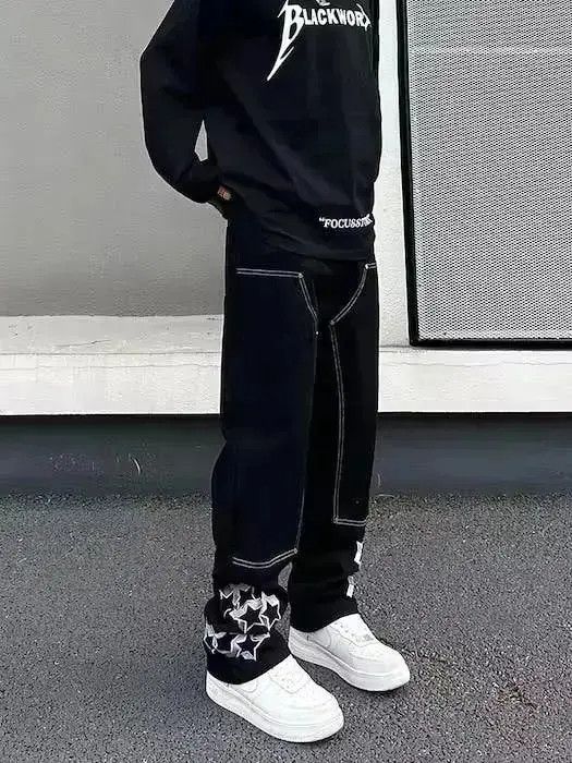 Japanese Brand Stars Graphic Black Baggy Denim Jeans Size US 32 / EU 48 - 6 Thumbnail