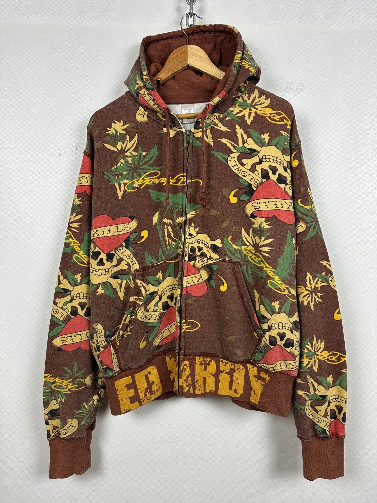 Ed Hardy Vintage Ed Hardy Skull Heart Tattoo AOP Brown Zip Up Hoodie Size US XL / EU 56 / 4 - 3 Thumbnail